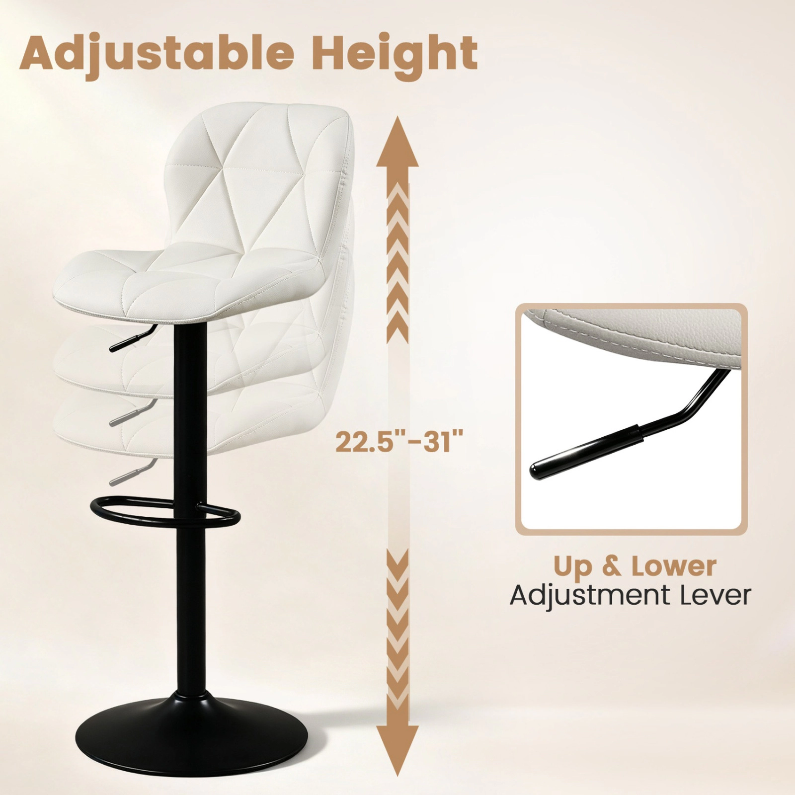 SUGIFT Set of 4 White Adjustable Swivel Bar Stools, PU Leather, Curved Back
