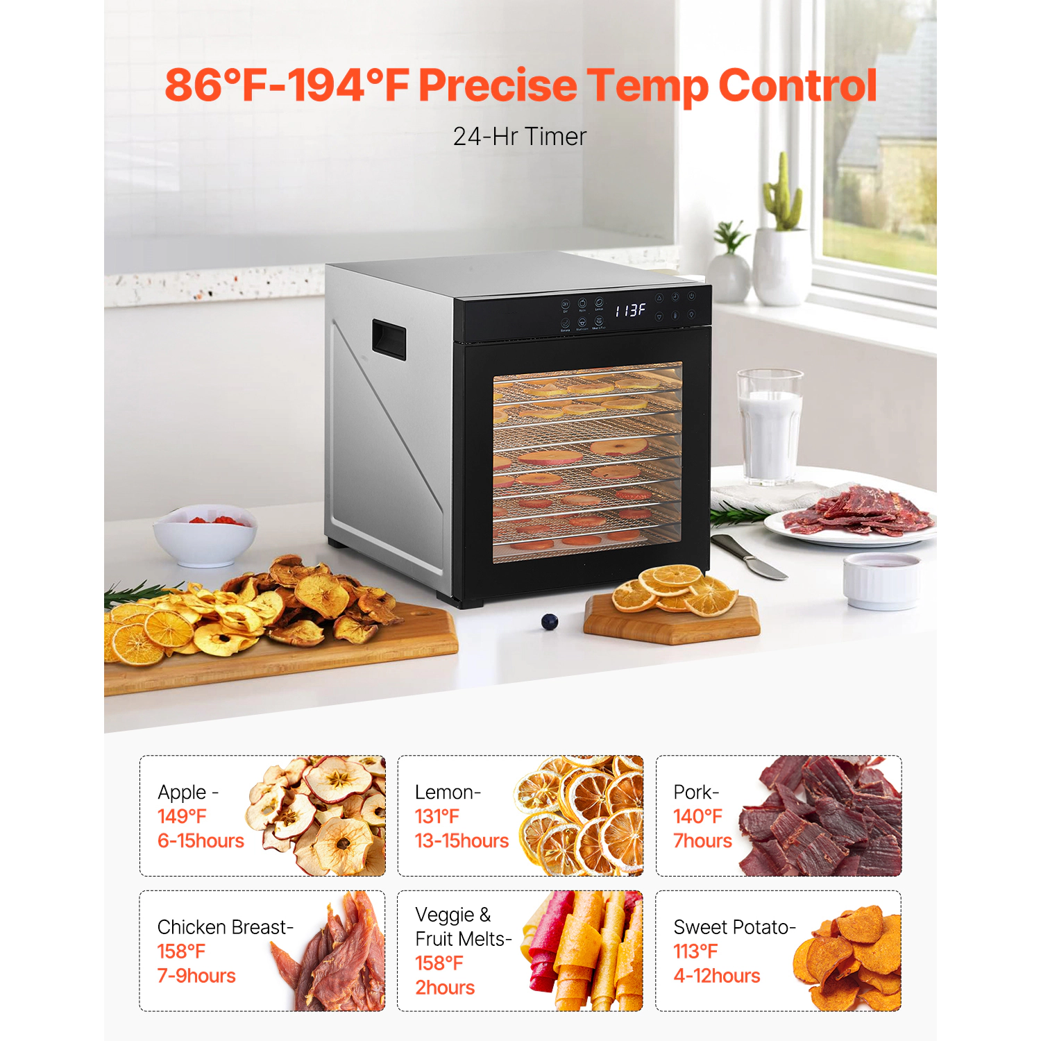HONGGE Food Dehydrator Machine, Stainless Steel Trays, Electric Dryer with Adjustable Temperature & 24-Hour Timer