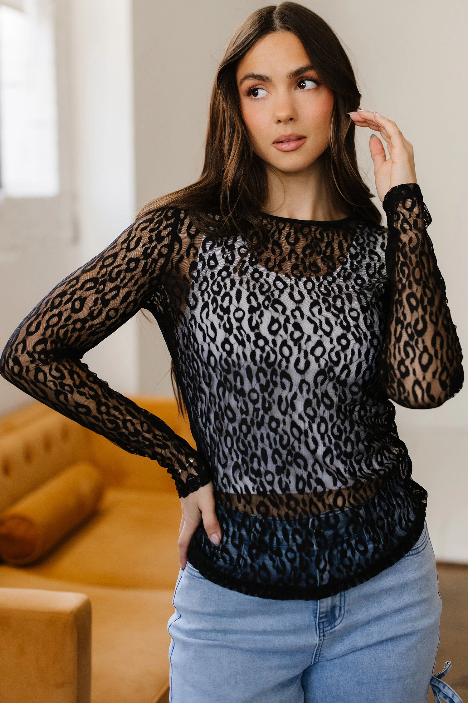 Threaded Pear Women's Denver Pattern Sheer Mesh Long Sleeve Top
