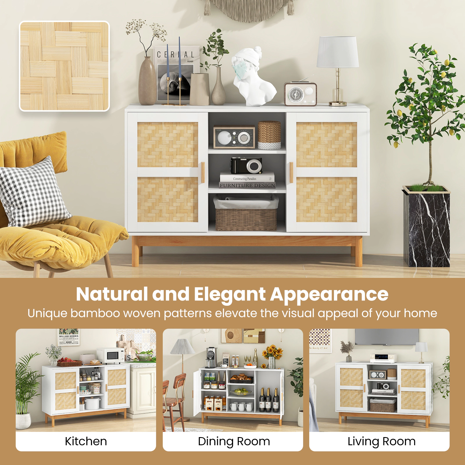Glintex 48-Inch Sideboard with Bamboo Woven Doors and Solid Wood Legs, Natural & White