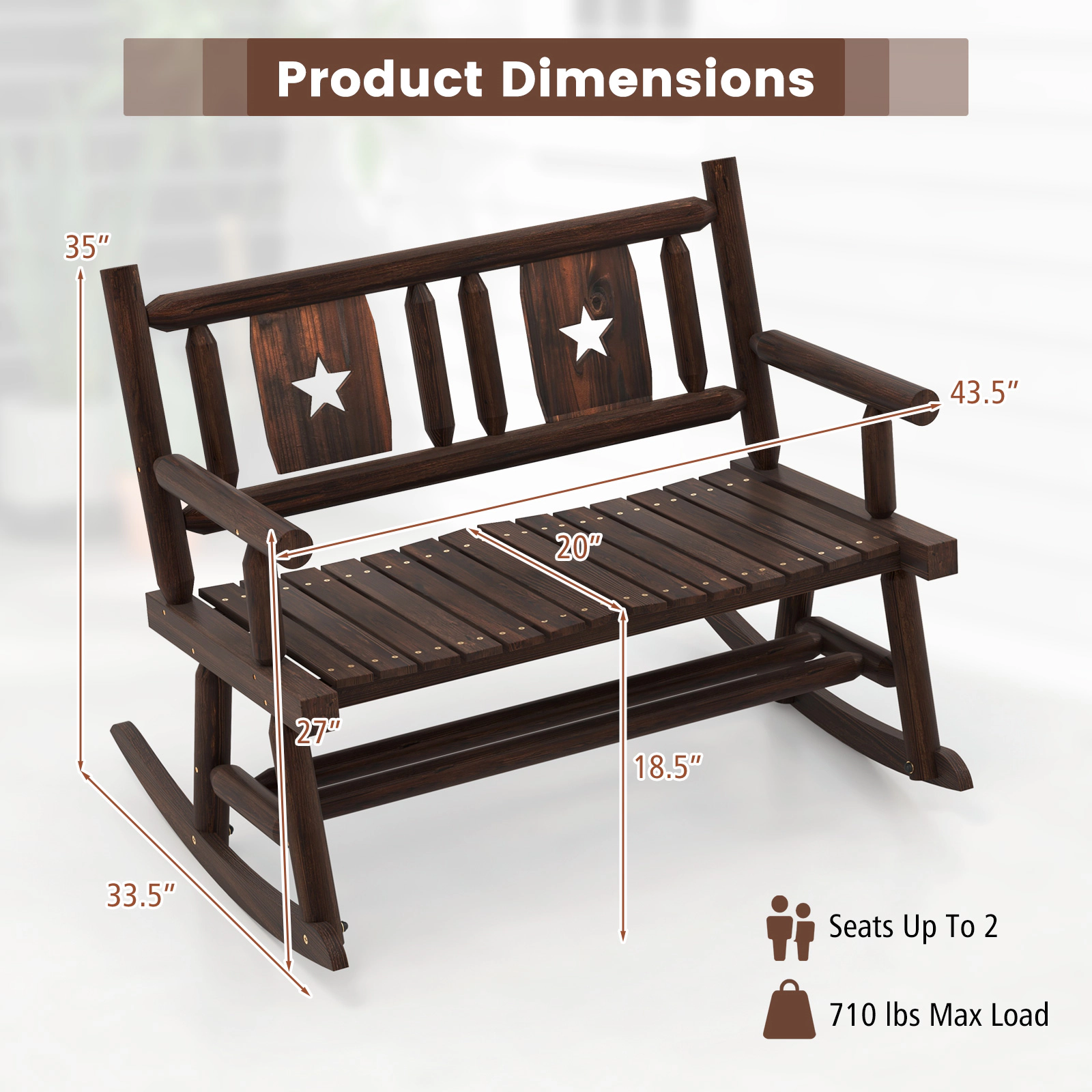 SUGIFT Outdoor Carbonized Wood Patio Rocking Bench Double Rocker Loveseat 710-lb Capacity Rustic Brown