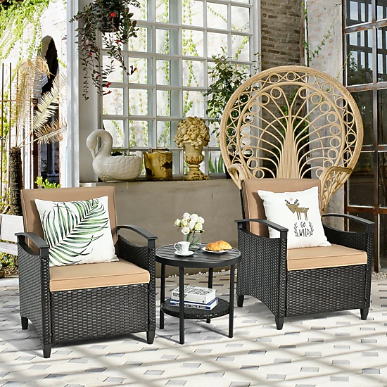 SUGIFT 3-Piece Patio Rattan Furniture Set, Beige Cushioned Sofas with ...