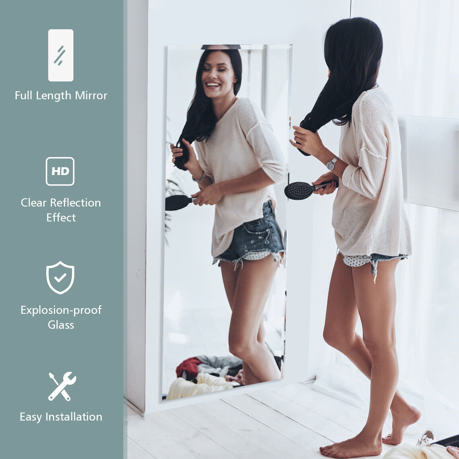 Slickblue 43 x 15 Inch Wall Mounted Frameless Full Length Mirror Rectangle Bedroom Dressing Mirror