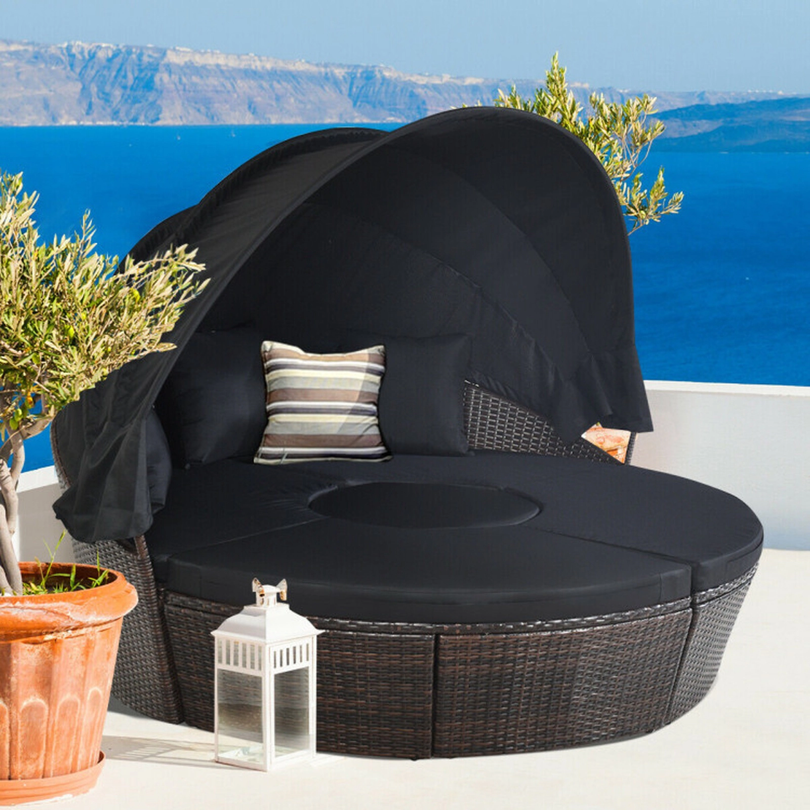 SUGIFT Outdoor Round Daybed with Retractable Canopy 705-lb Capacity Black/Turquoise/Off White