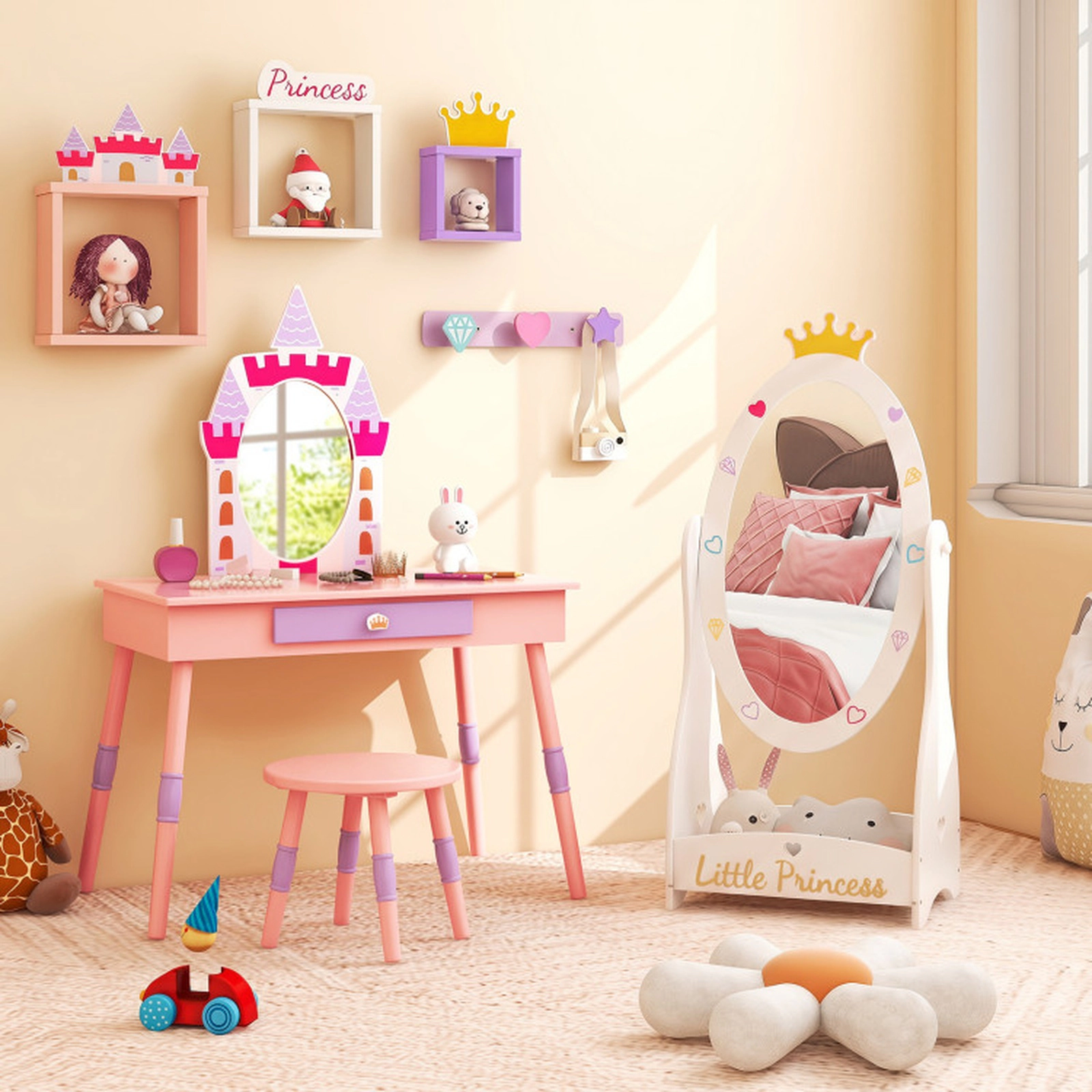 SUGIFT 360-Degree Rotating Frame and Storage Shelf Kids Full Length Mirror