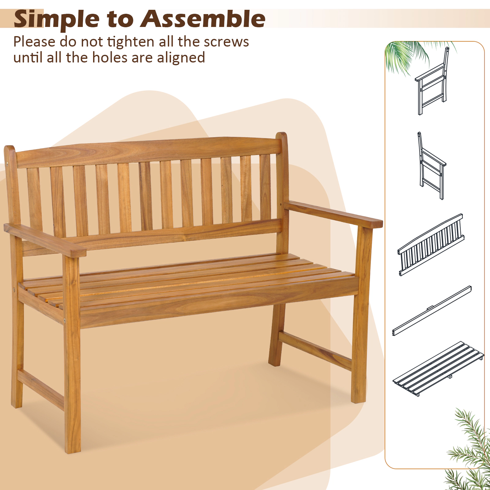Hivvago 2-Person Patio Acacia Wood Bench With Backrest And Armrests
