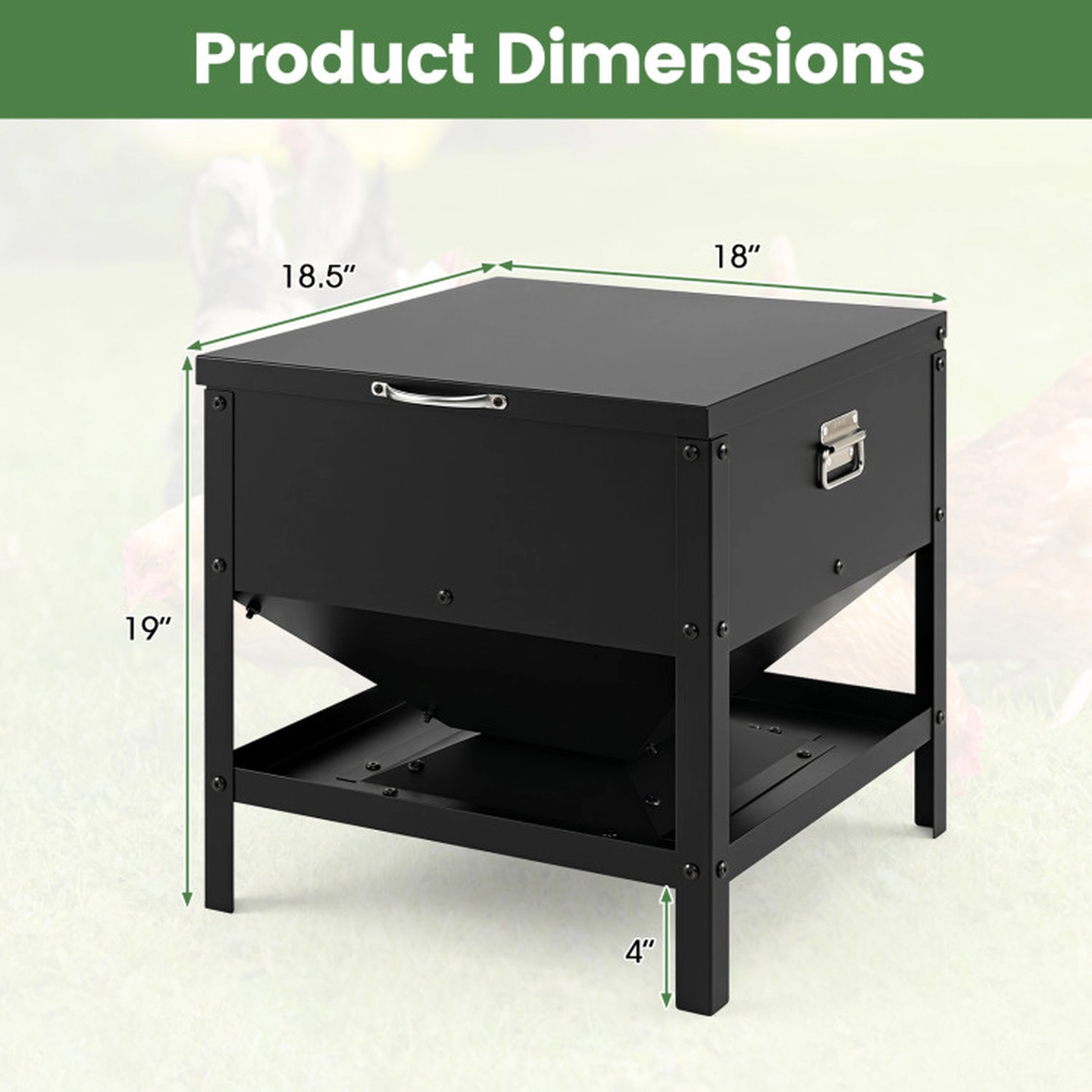 SUGIFT Large Capacity Galvanized Metal Chicken Feeding Box Pet Food Container with Openable Lid 19-in Tall Black
