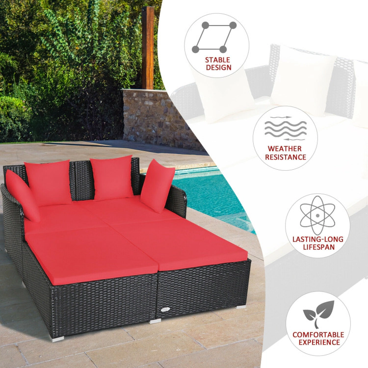 Hivvago Spacious Outdoor Rattan Daybed with Upholstered Cushions and Pillows