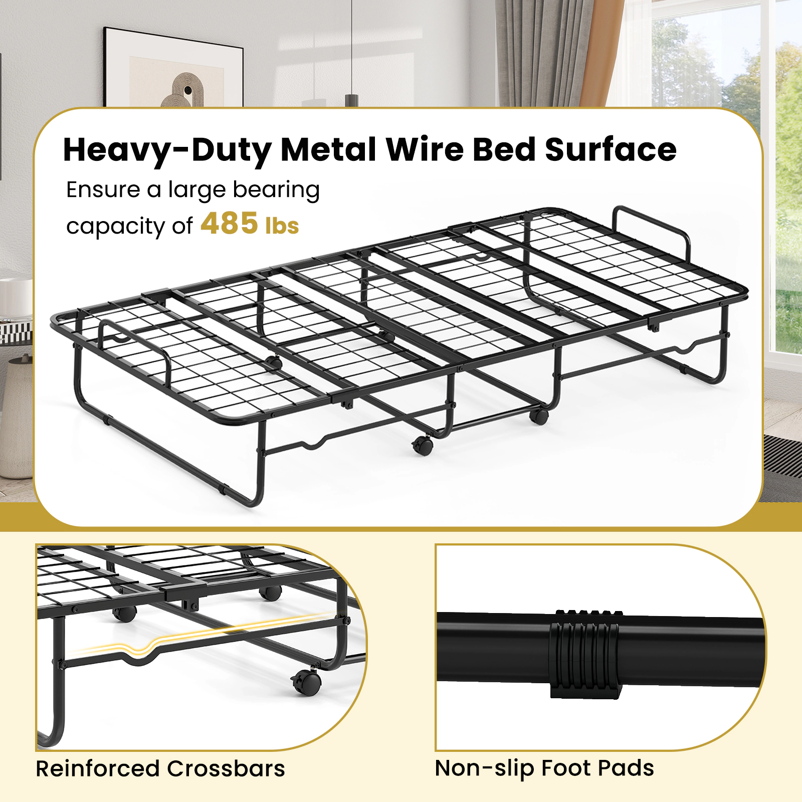 SUGIFT Twin Folding Bed with 4-Inch Memory Foam Mattress, Locking Casters, Black