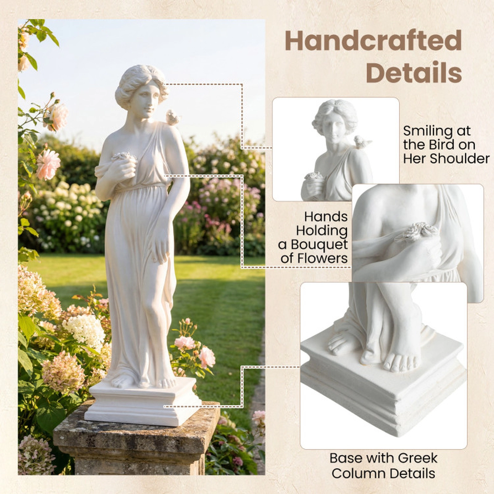 SUGIFT 31.5-in Tall White Antique Finish Magnesium Oxide Outdoor Greek Goddess Statue with Column Base
