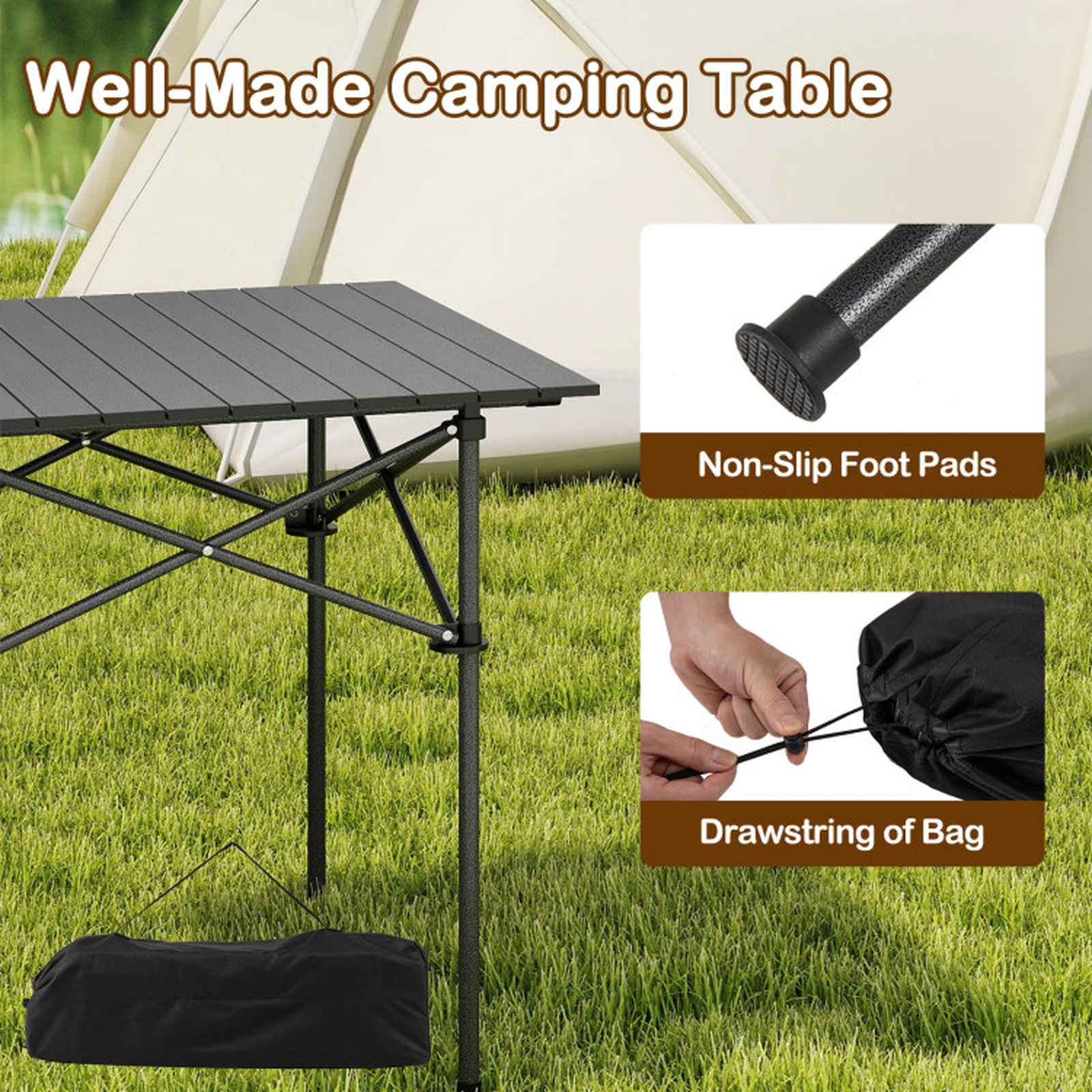 SUGIFT 28-Inch Square Roll-Up Aluminum Camping Table, 150-Lb Capacity, Carrying Bag