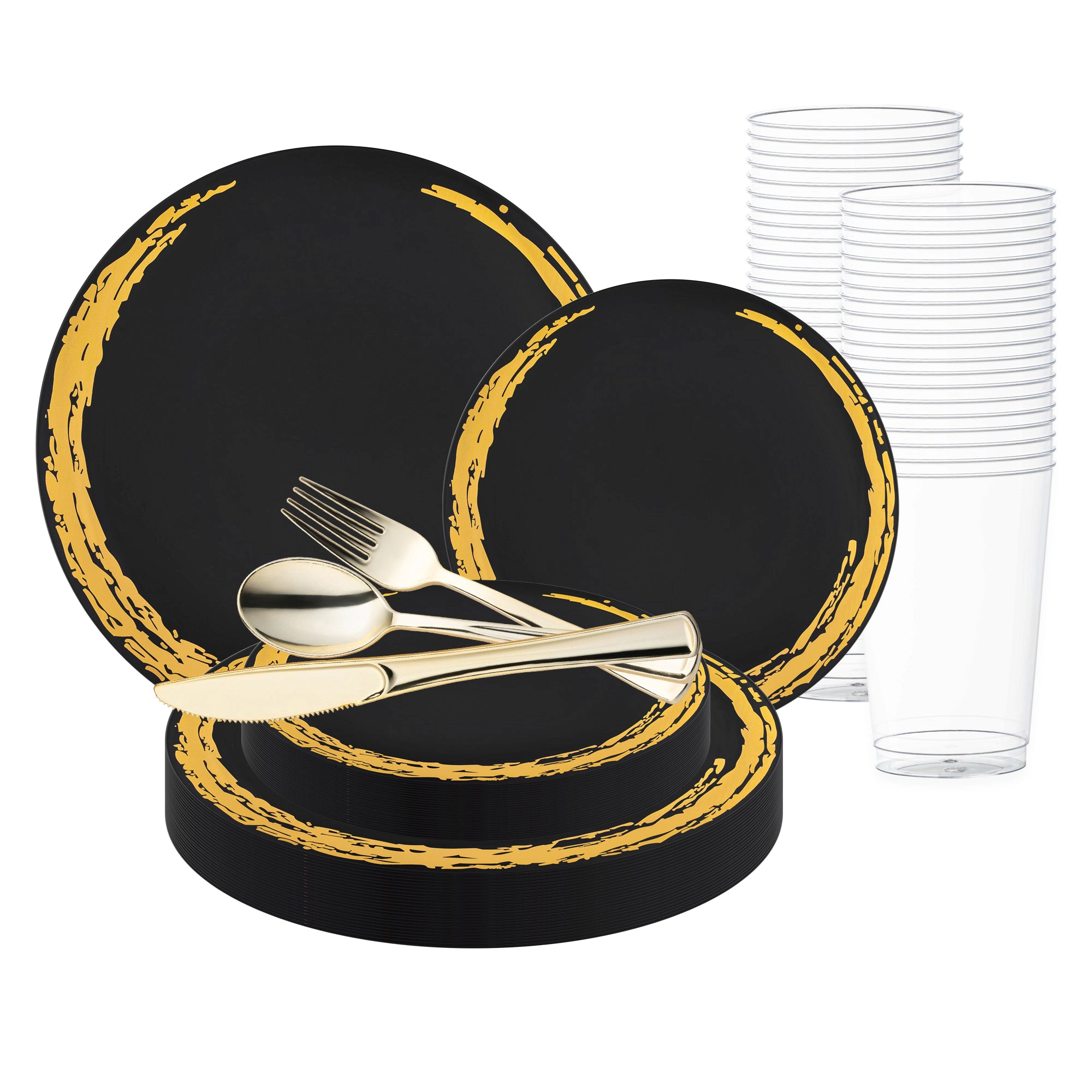 Smarty Had A Party Black with Gold Moonlight Round Disposable Plastic Wedding Value Set