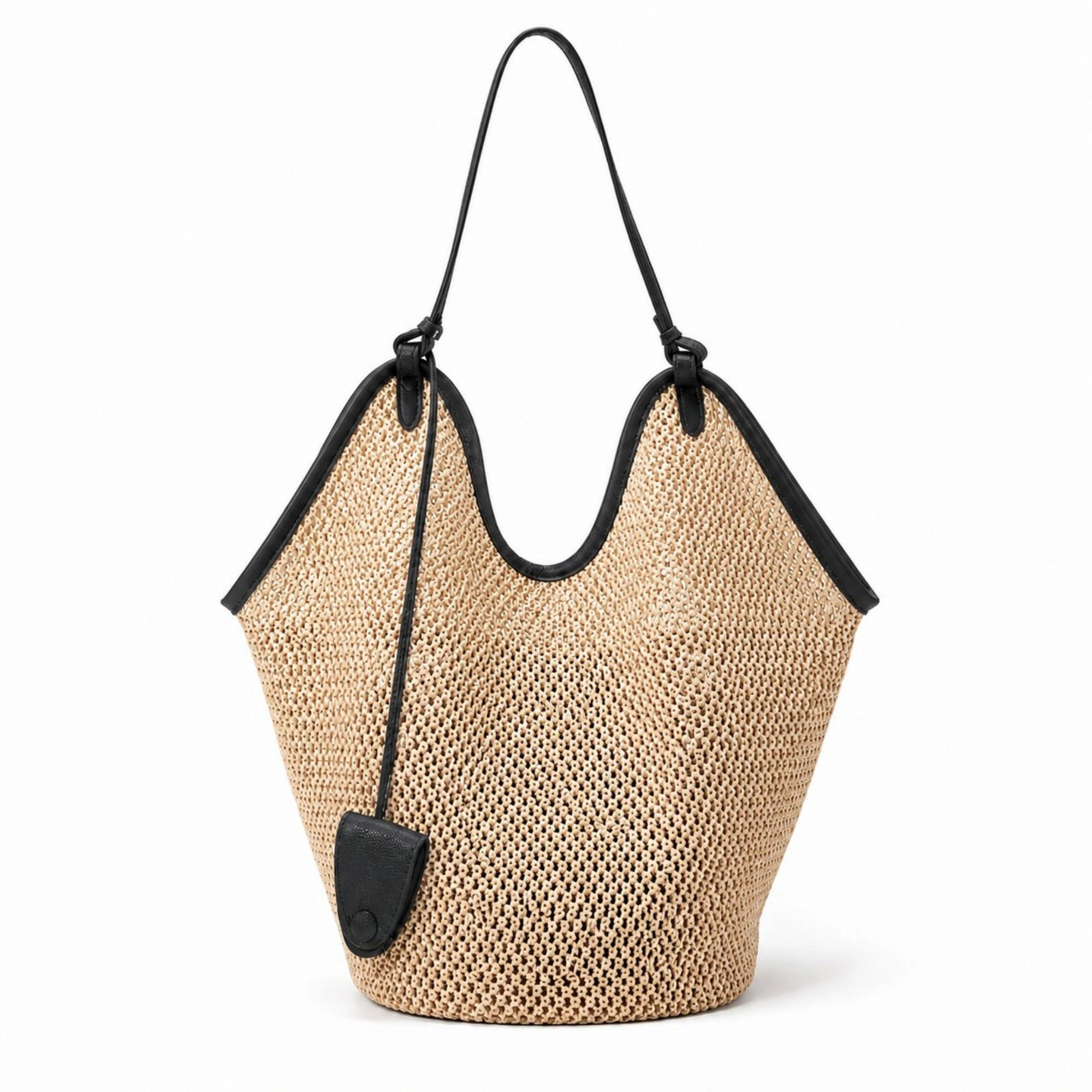 Alilang Women's Woven Straw Style Tote Bag Large Capacity Shoulder with Faux Leather Trim