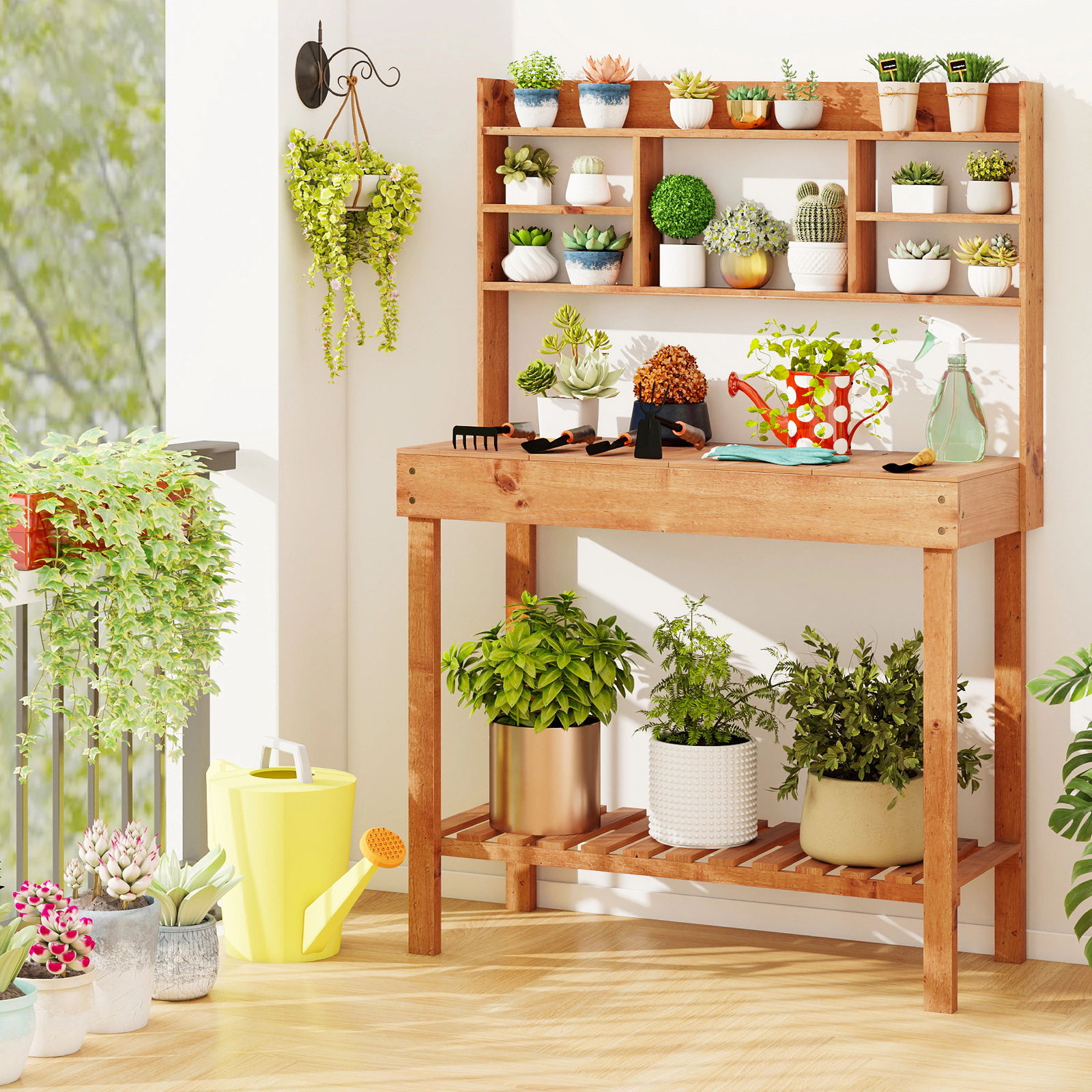 LJG Wooden Potting Bench Table Garden Planting Workstation with 3-Tier Open Shelf