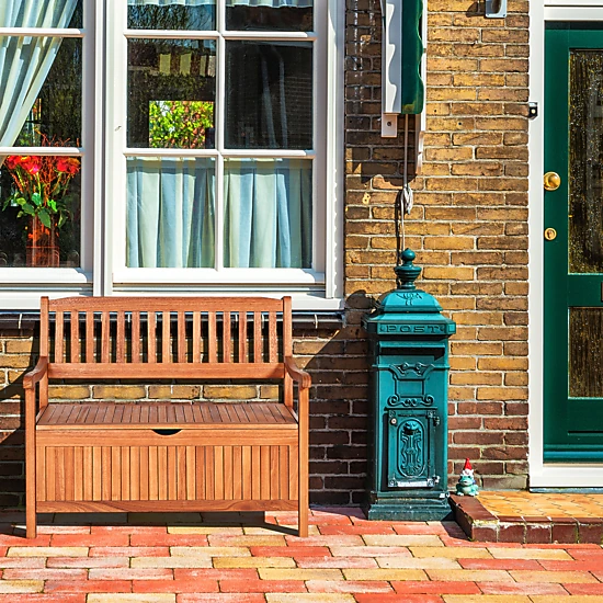 SUGIFT 33 Gallon Wooden Storage Bench Eucalyptus Deck Box with Liner for Patio and Porch