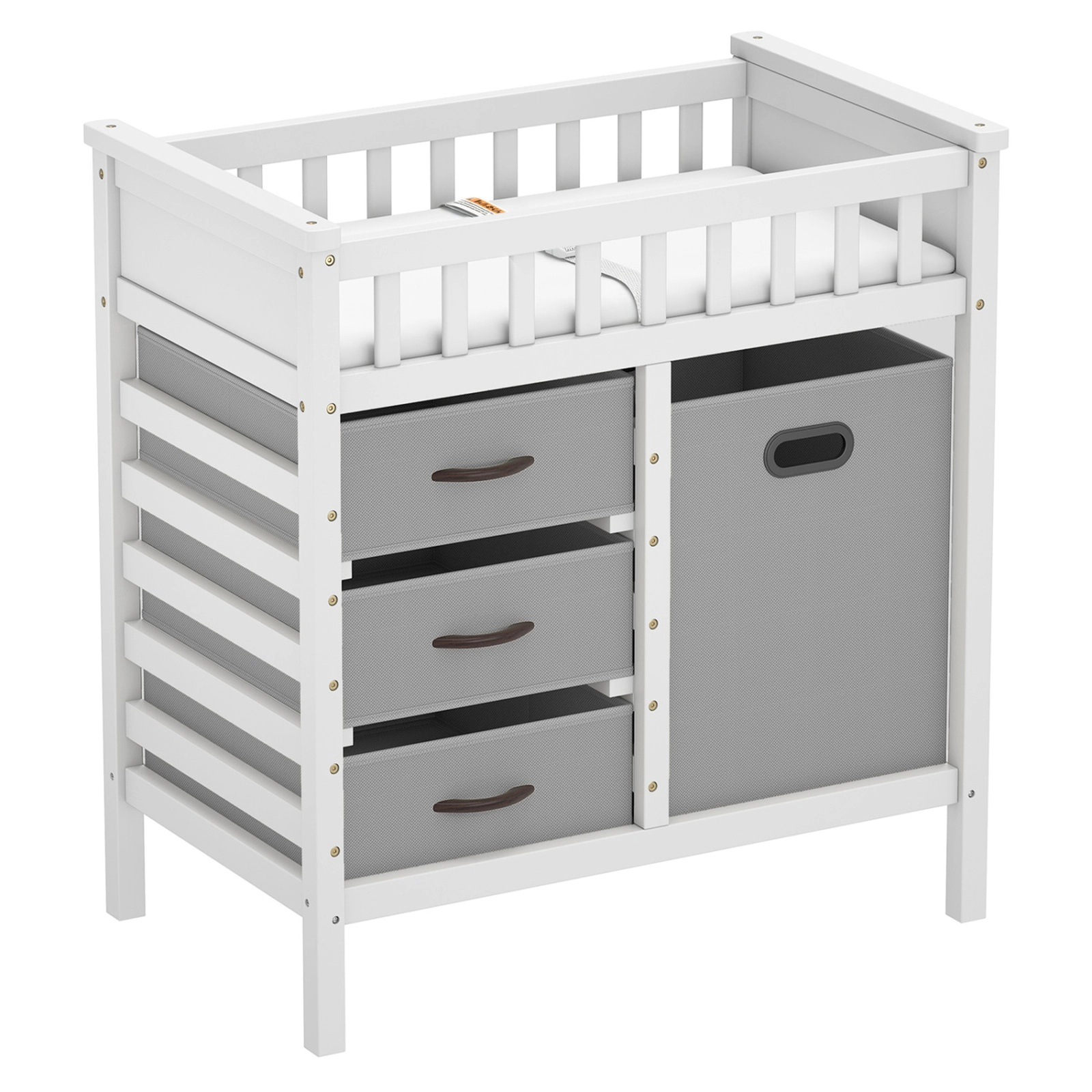 SUGIFT Gray 3 Fabric Drawers and Laundry Hamper Wooden Baby Changing Table