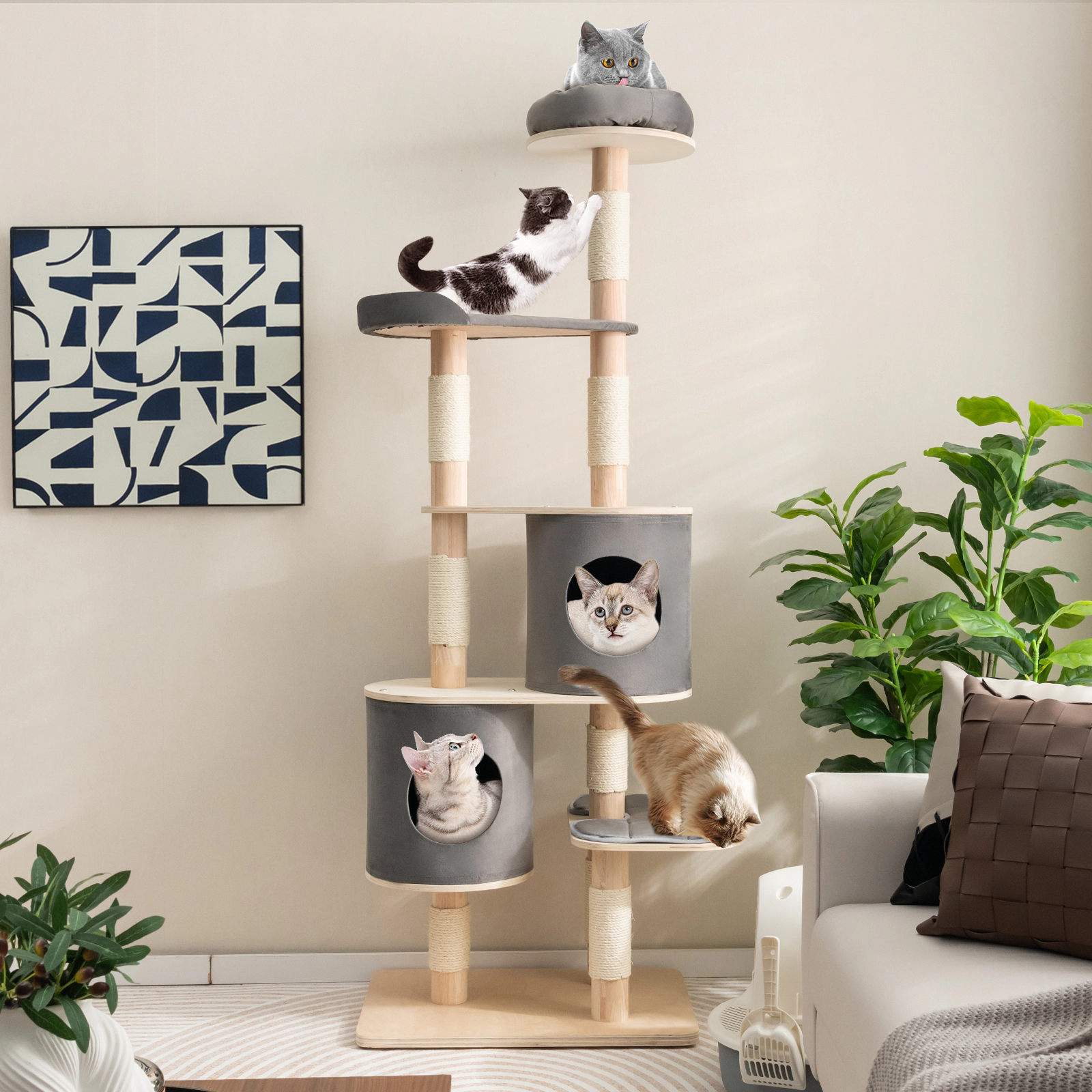 SUGIFT 6-Tier Wooden Cat Tree with 2 Removable Condos Platforms and Perch 35-lb Capacity 75-in Tall Natural & Gray