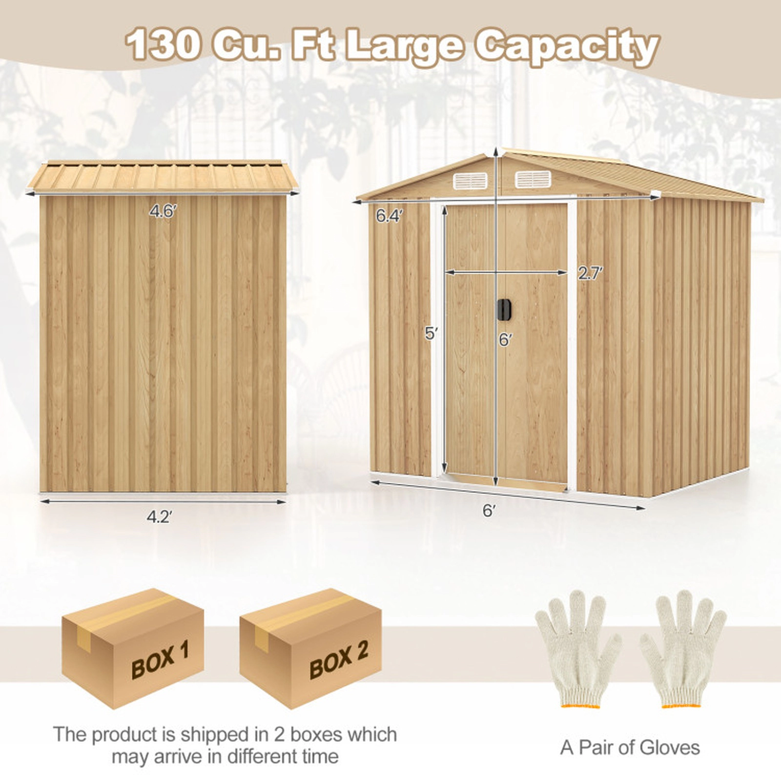 SUGIFT 6 x 4 Feet Lockable Sliding Doors Galvanized Steel Garden Storage Shed 6.4-ft x 4.6-ft x 6-ft 130-Cu-Ft Natural