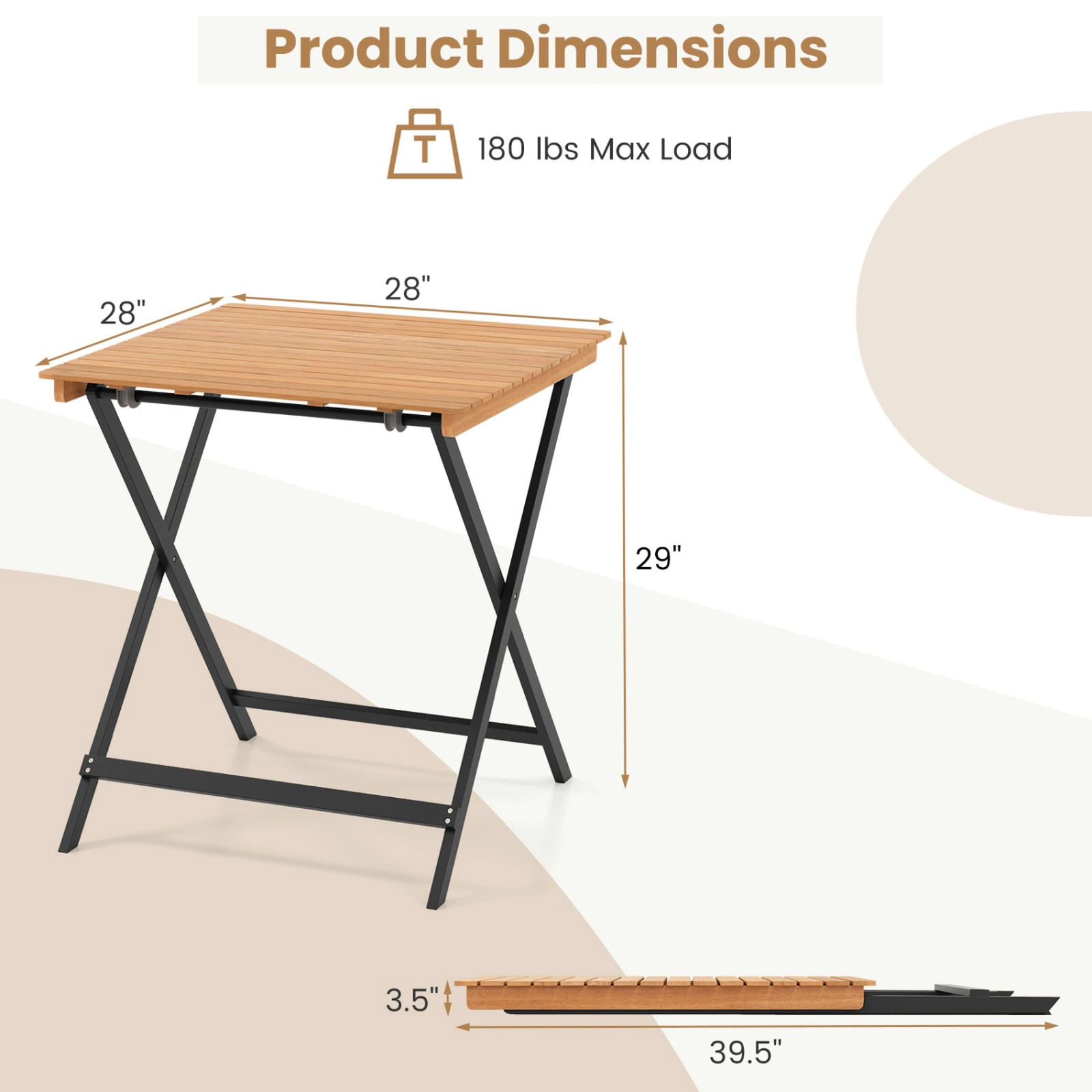 SUGIFT 28-in Patio Folding Square Table with Slatted Tabletop 180-lb Capacity for Backyard Porch Natural + Black
