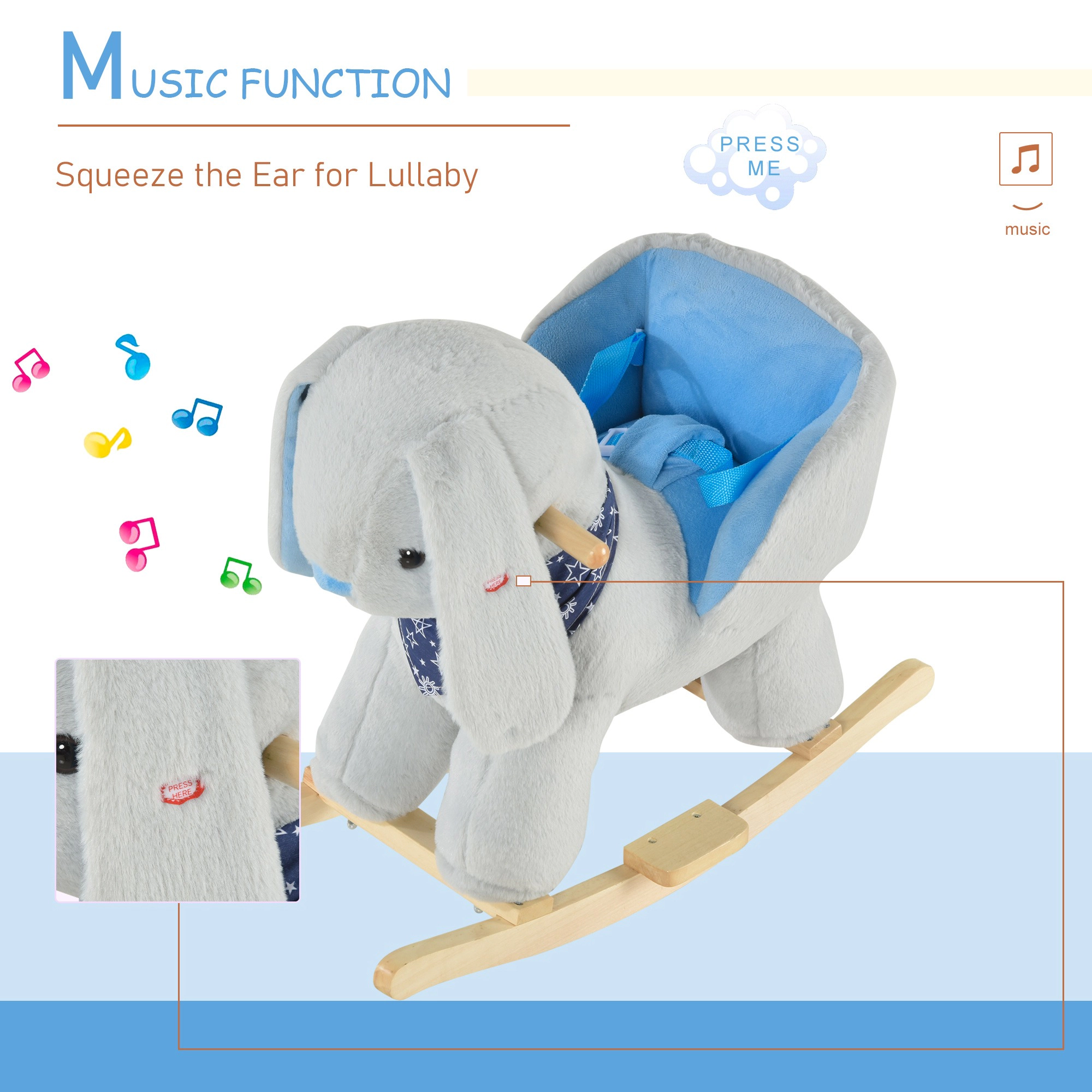 HONGGE Plush Bunny Rocking Horse for Toddlers 18-36 Months with Lullaby Music & Wood Base, Gray