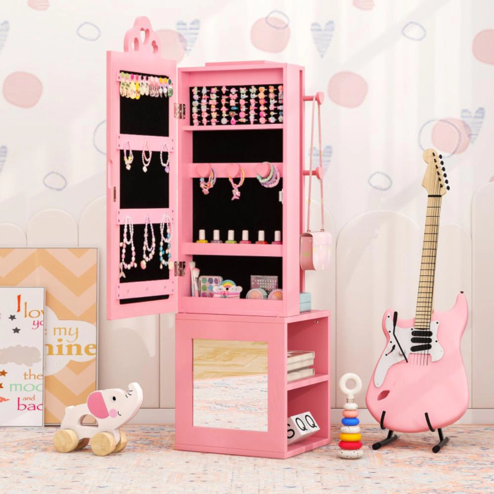 Hivvago Princess Vanity Table And Stool Set Freestanding Jewelry Cabinet Armoire With Full-Length Mirror-Pink