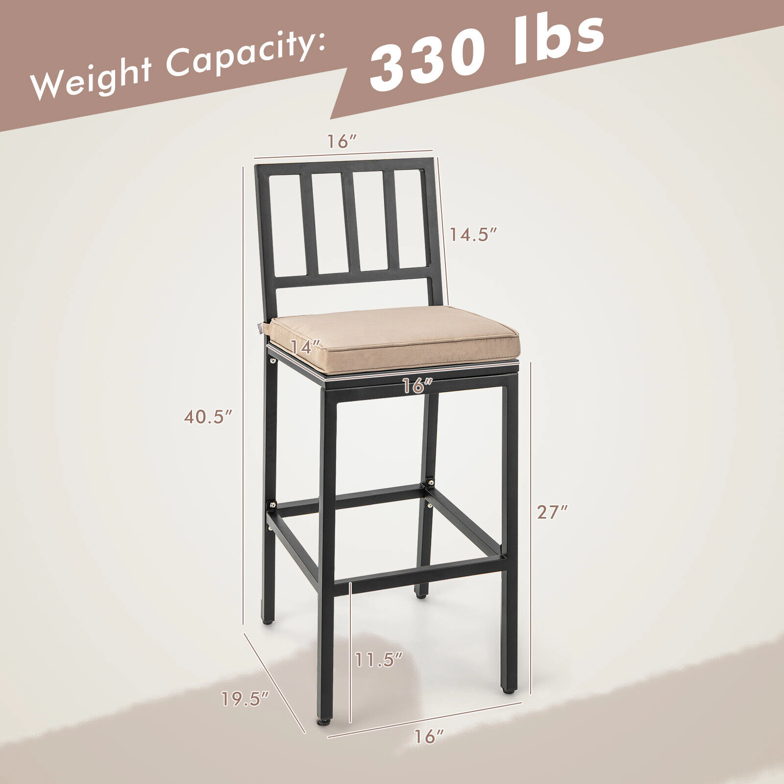 SUGIFT Set of 2 Black Metal Counter Height Bar Stools with Cushioned Backrests and Footrests