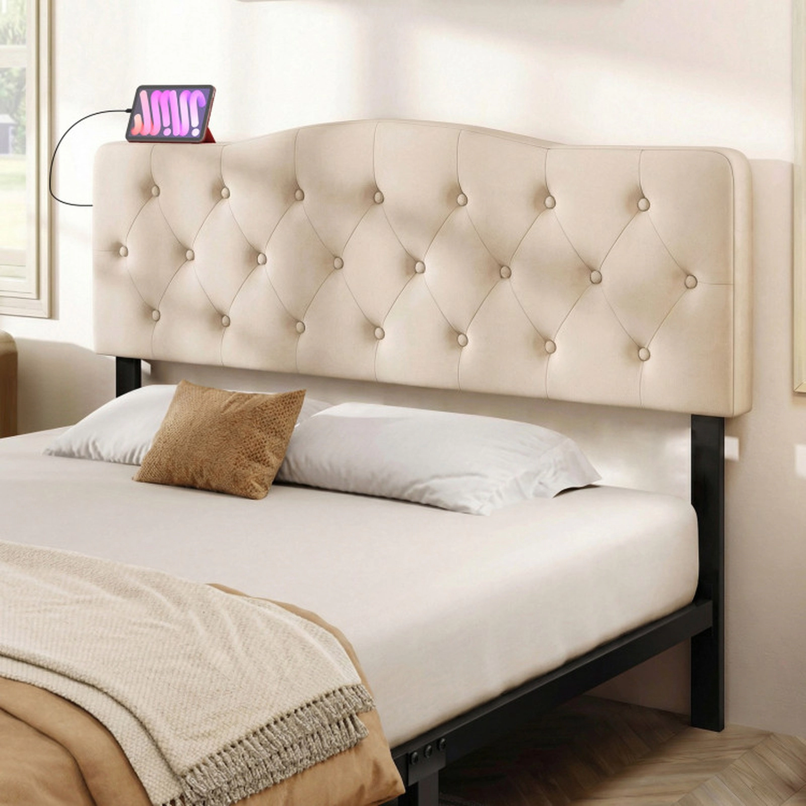 SUGIFT Tufted Upholstered Headboard for Queen and Full Size Bed with 2 AC Outlets Beige
