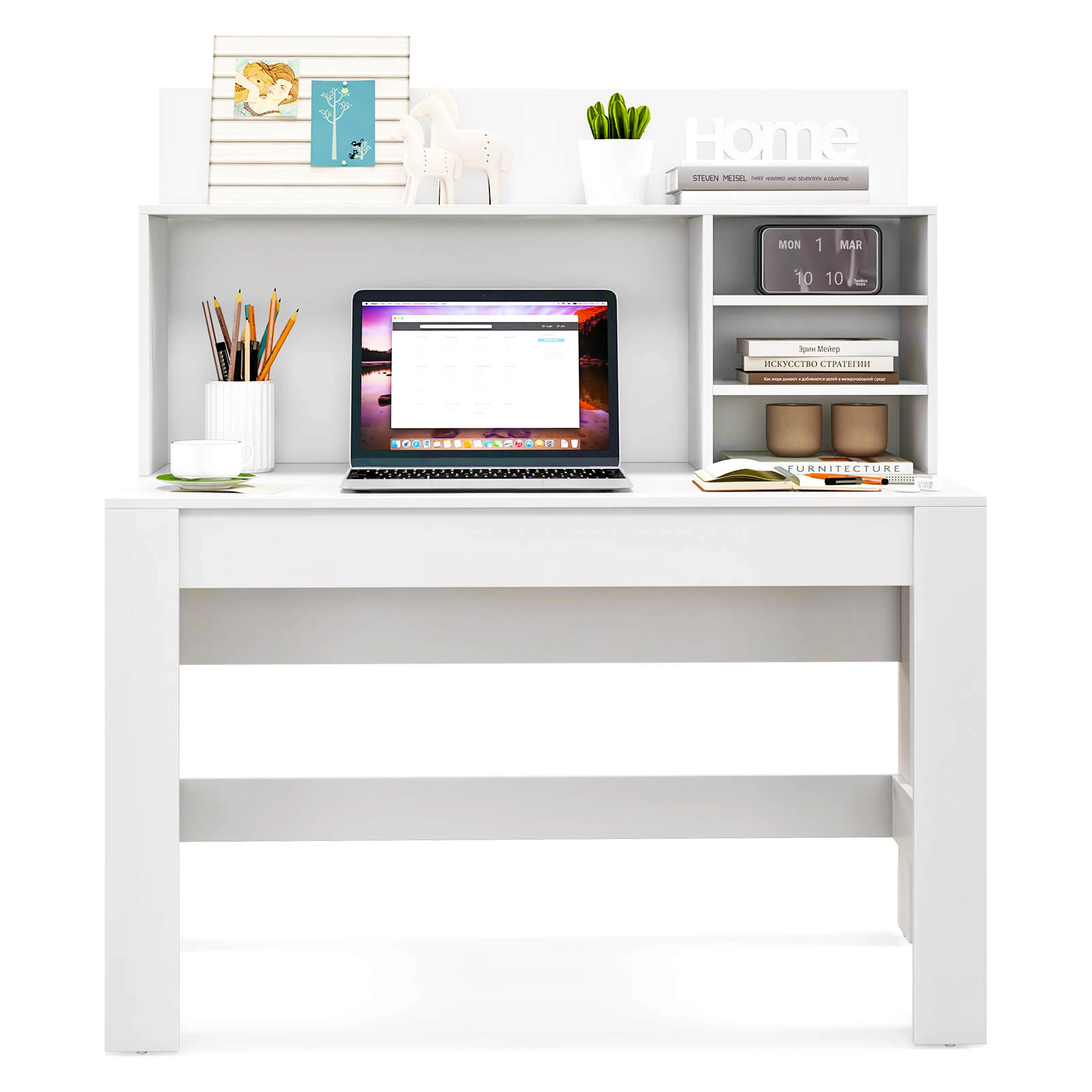 SUGIFT Writing Computer Desk Bookshelf 100-lb Desktop Capacity Anti-Tipping Kits Cable Management Hole Rustic Oak White