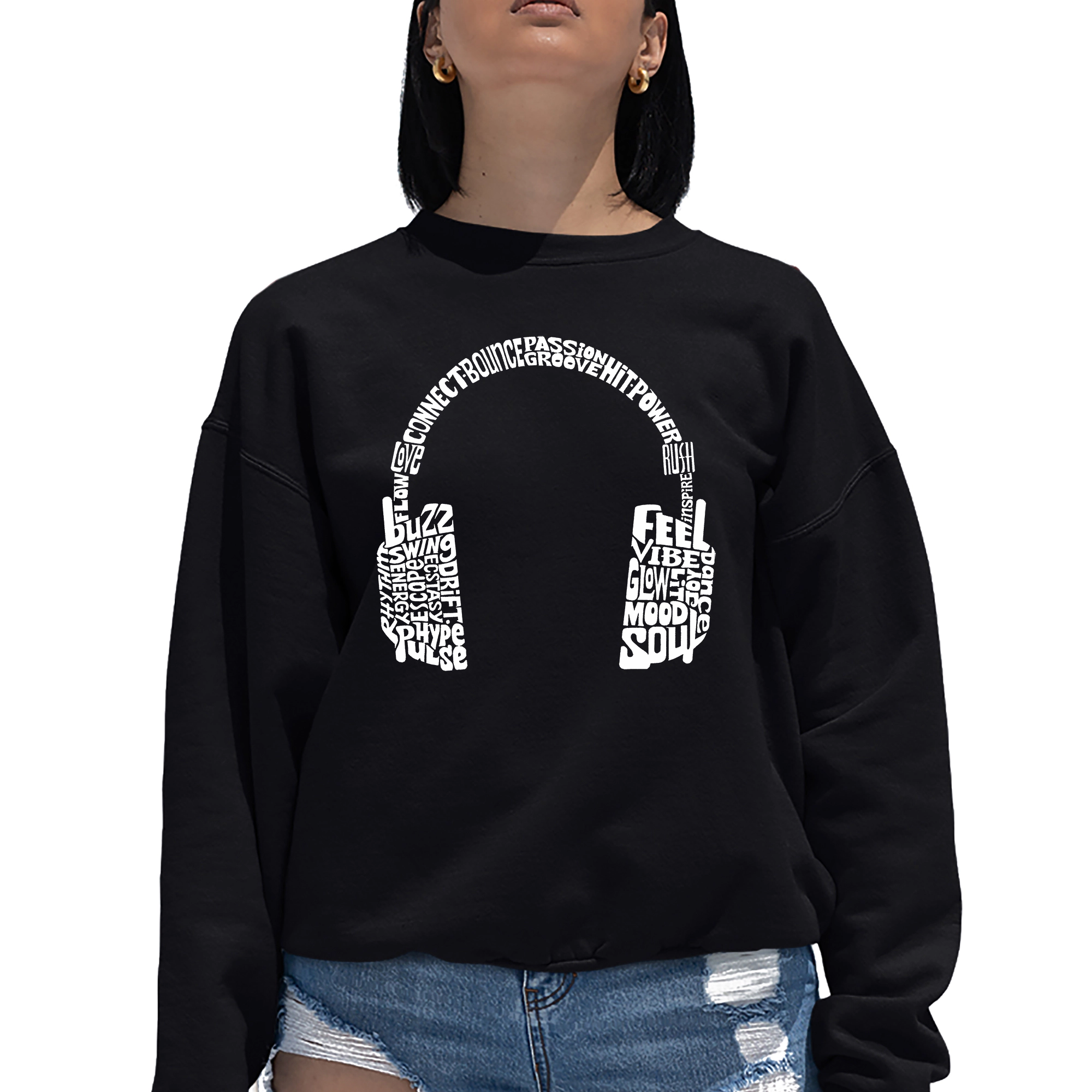 LA Pop Art Mood Headphones  - Women's Word Crewneck Sweatshirt