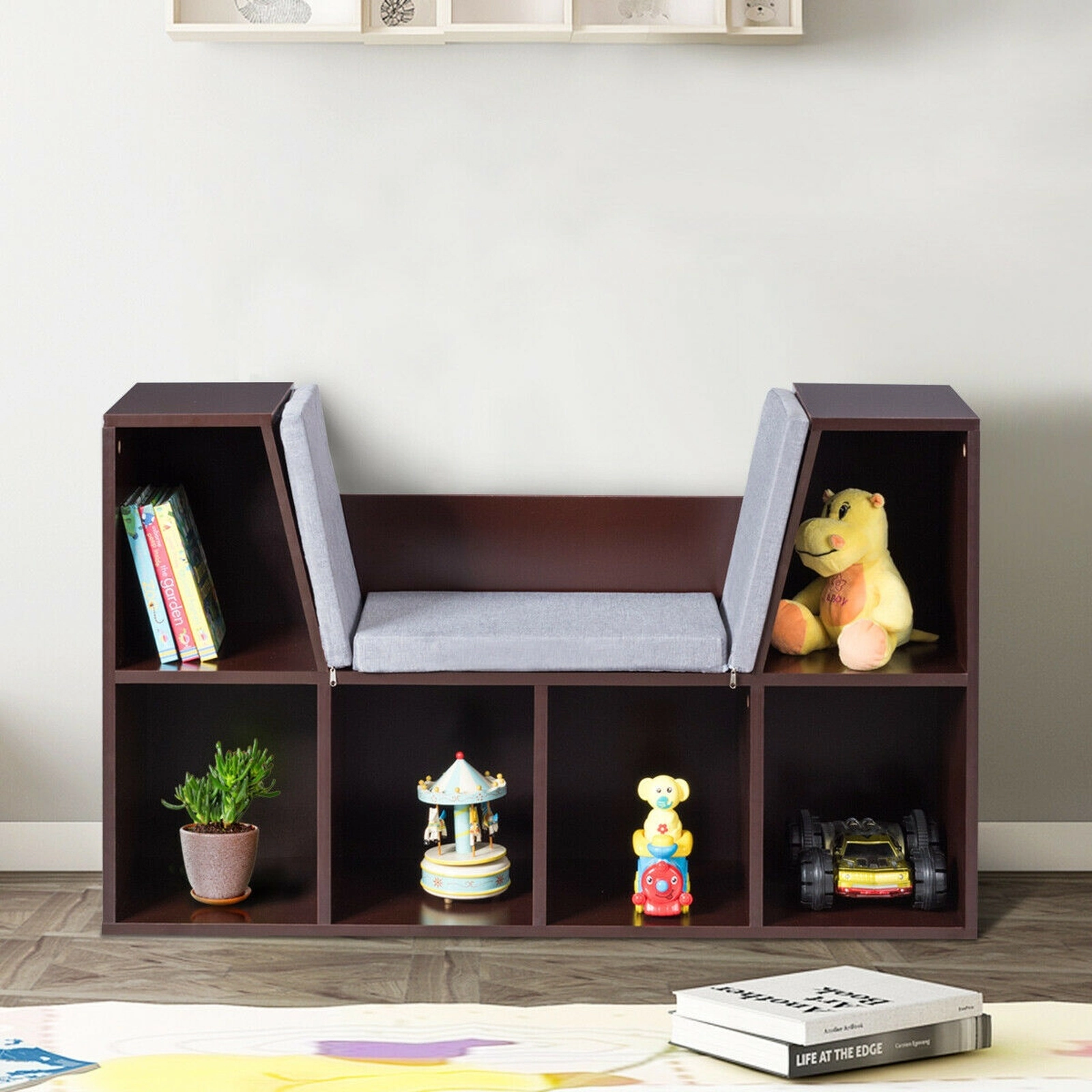 SUGIFT 6-Cubby Kid Storage Bookcase with Cushioned Reading Nook 110-lb Capacity Brown