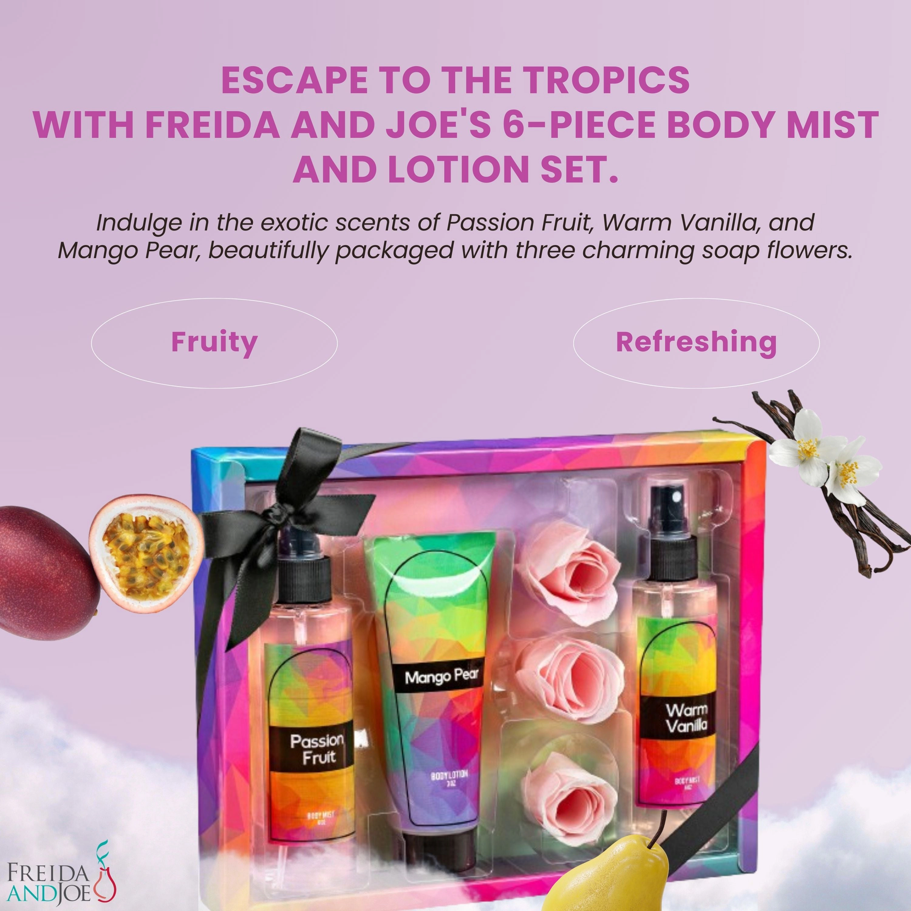 Freida and Joe Women Tropical Passion Fruit, Vanilla, Mango Body Splash Set Valentine's Gift