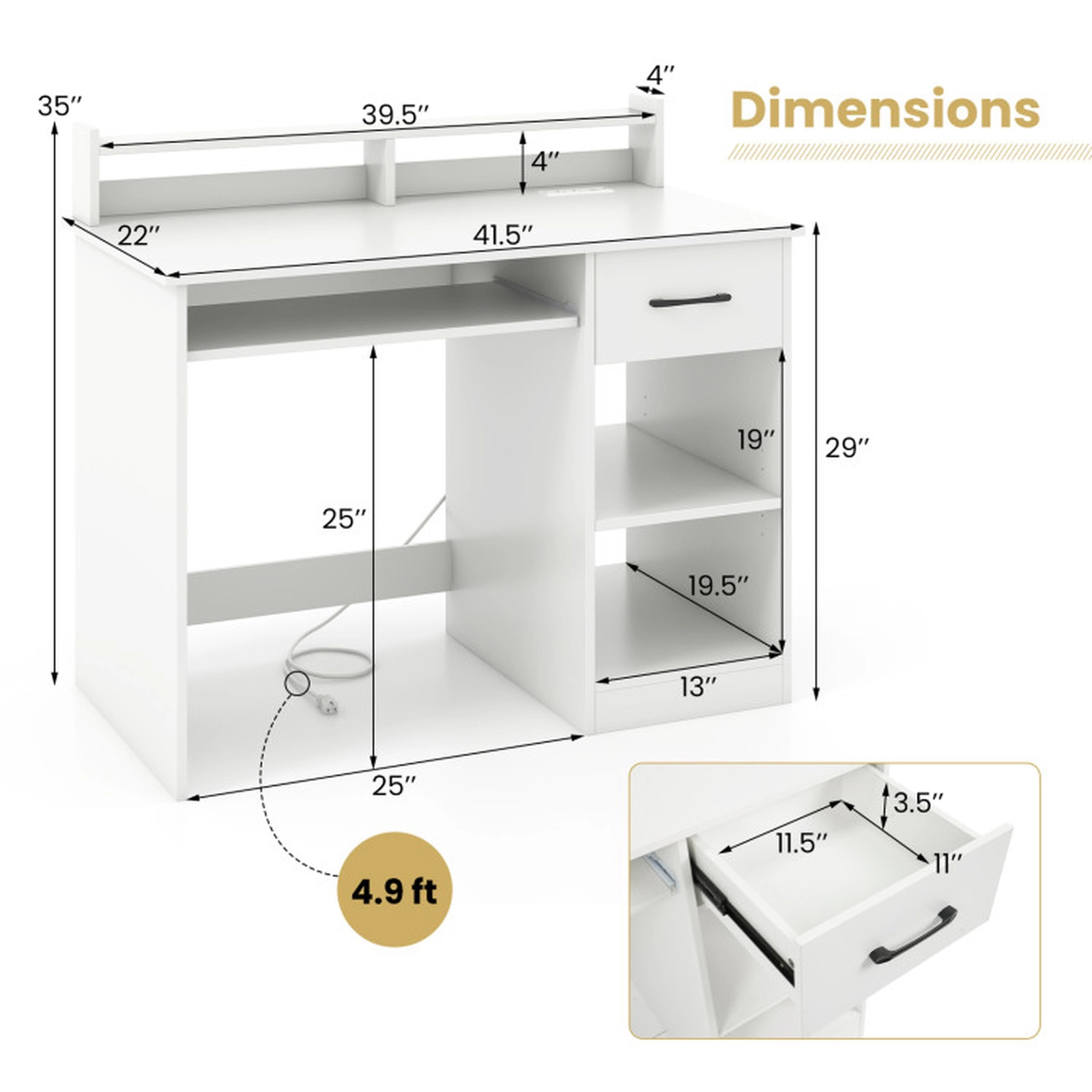 SUGIFT White Charging Station Adjustable Shelf and Keyboard Tray 41.5 Inch Computer Desk