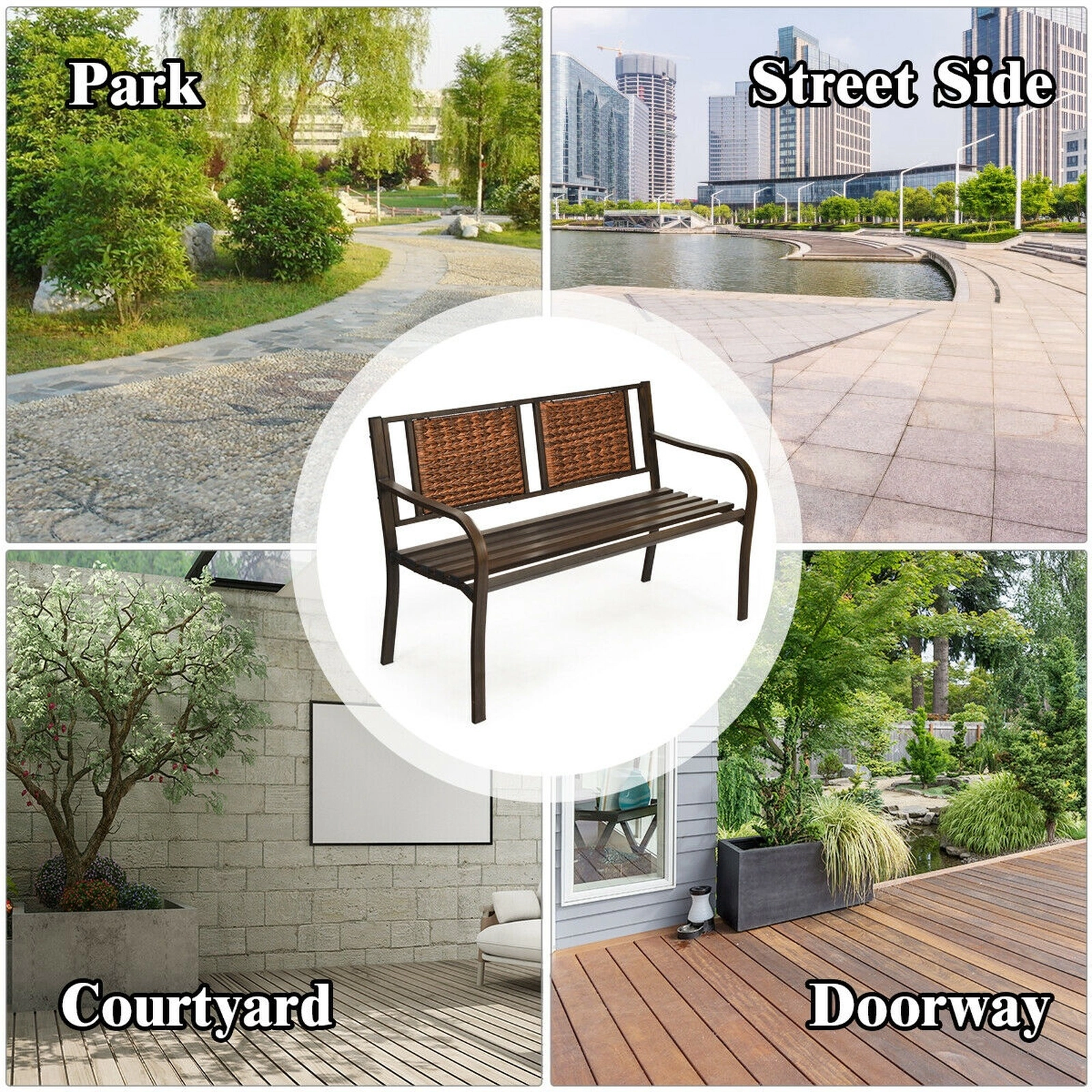 SUGIFT Patio Garden Bench with PE Rattan Back and Powder Coated Steel Frame 500-lb Capacity Bronze