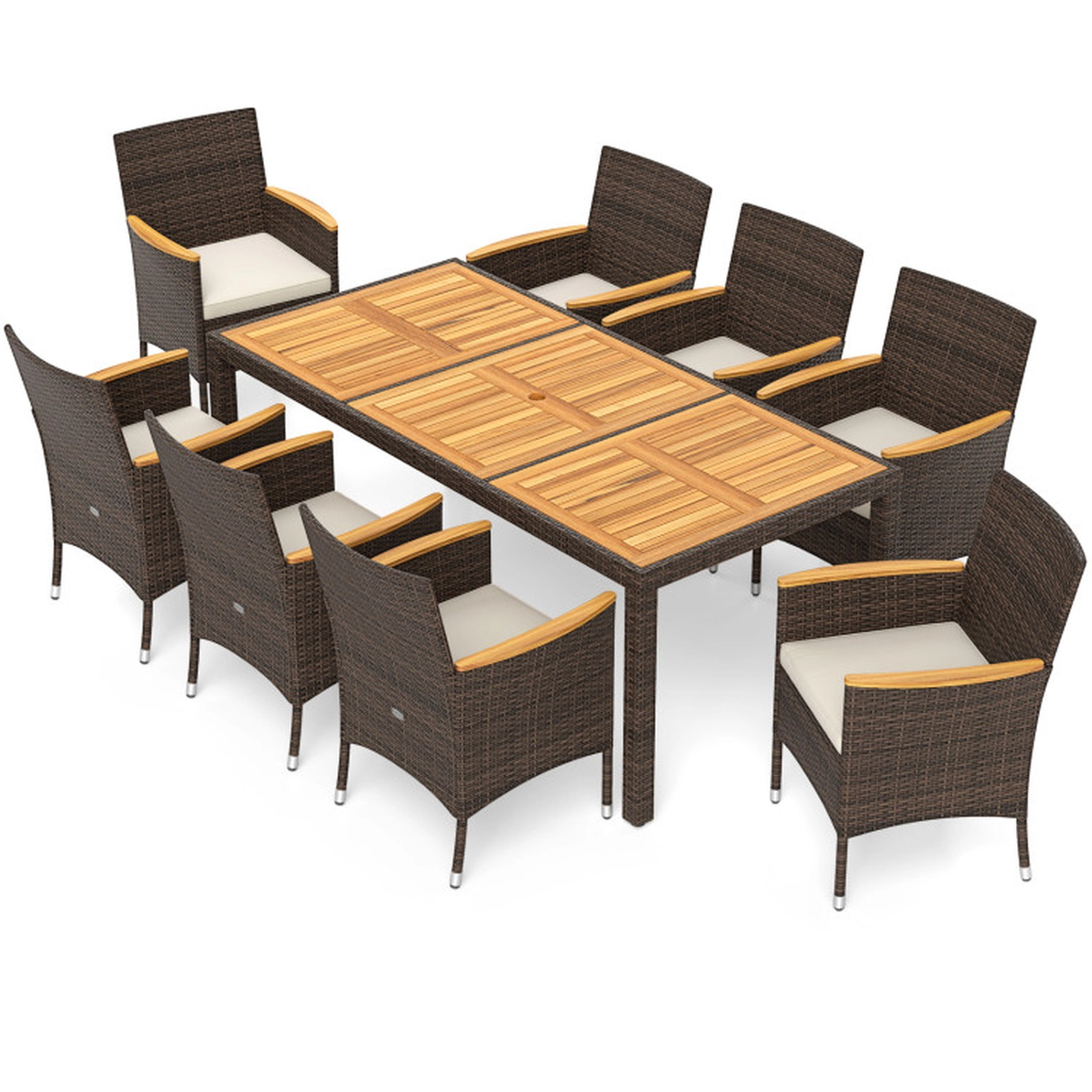SUGIFT Beige 75 Inch Acacia Wood Table Top and 8 Chairs 9-Piece Outdoor Dining Set