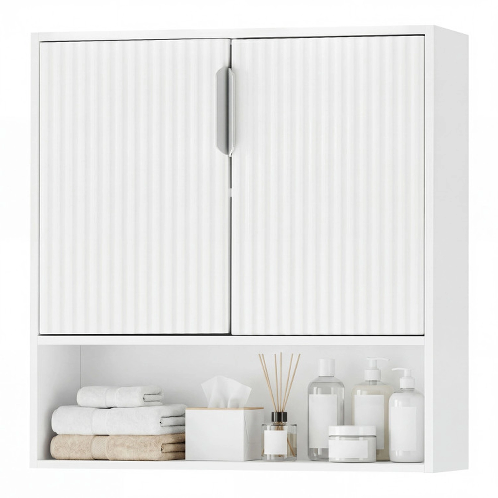 SUGIFT Wall-Hanging Bathroom Cabinet with 2 Fluted Doors Open Cube and Adjustable Shelf 22-lb Capacity per Tier White