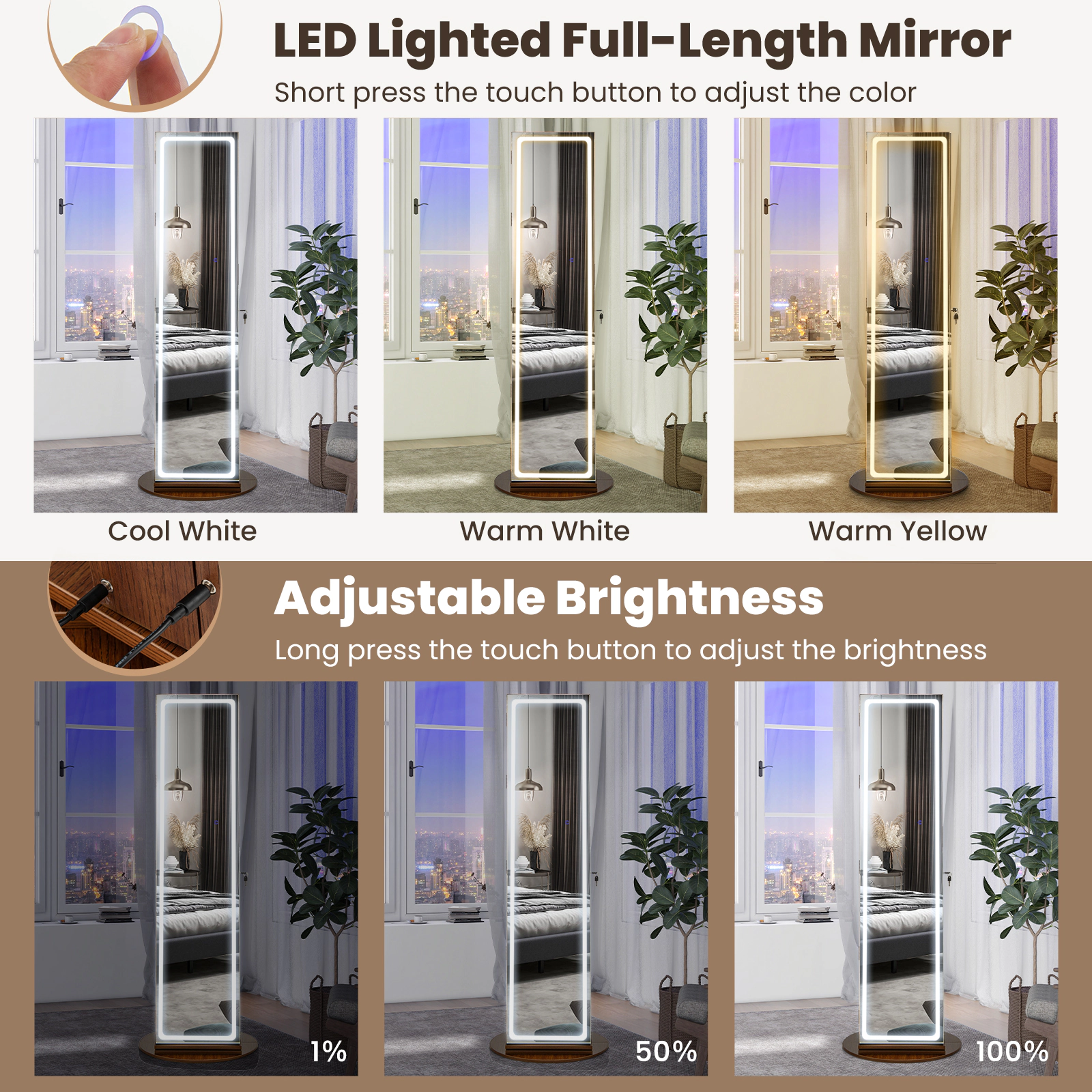 SUGIFT Brown 4-in-1 Rotating Standing Jewelry Armoire Vanity Desk Mirror with Foldable Makeup Shelf