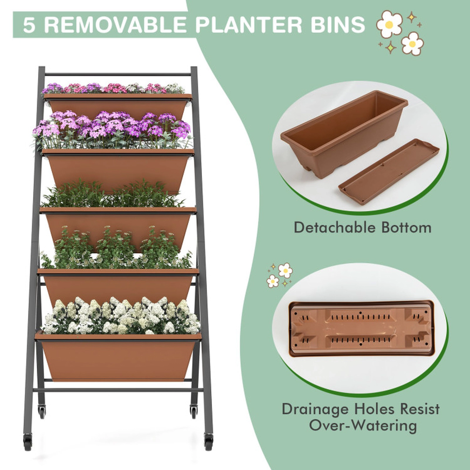SUGIFT 5-Tier Brown Vertical Raised Garden Bed with 5 Container Boxes and Wheels 22.5-in W 29-in D 50-in H