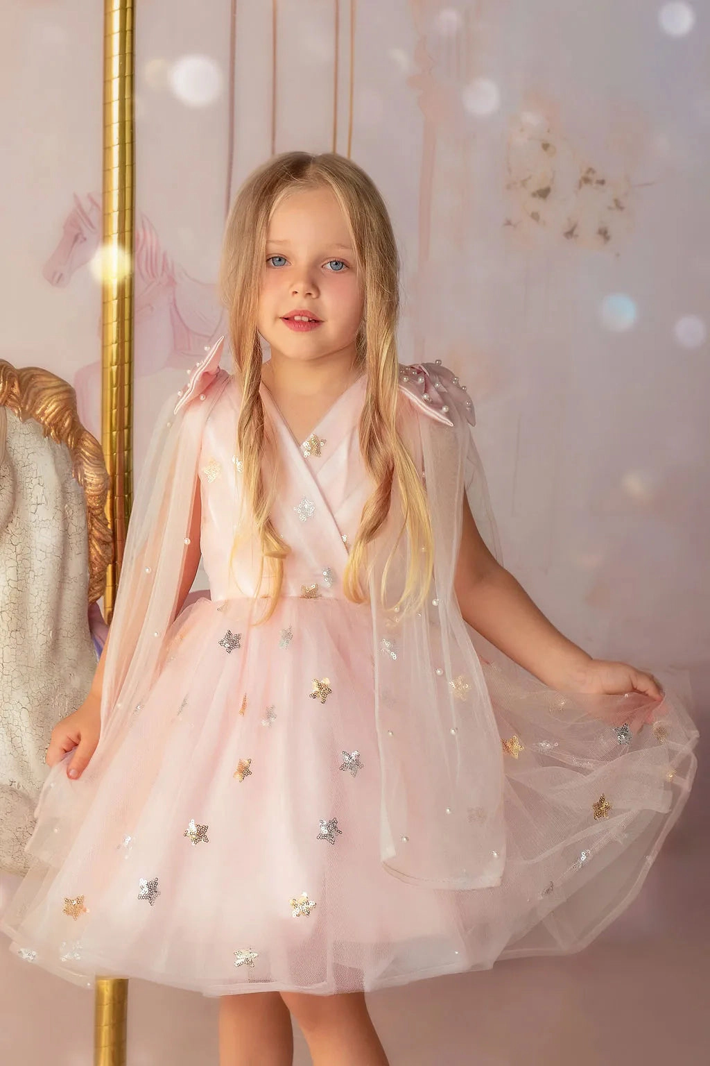 Faeella Girls Twinkle Star Blush Pink Sequin Birthday Dress