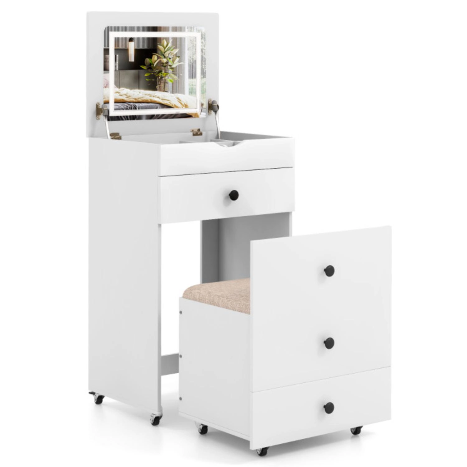 Hivvago 3-In-1 Vanity Set With Cushioned Stool And Flip-Up Mirror-White
