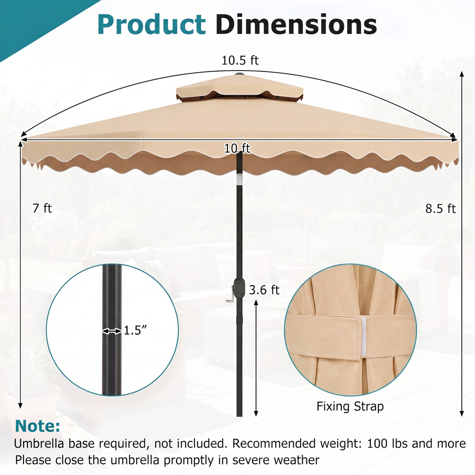 SUGIFT 10-ft Beige Round Market Patio Umbrella, Scalloped Canopy, Vented Double Top, 8 Ribs