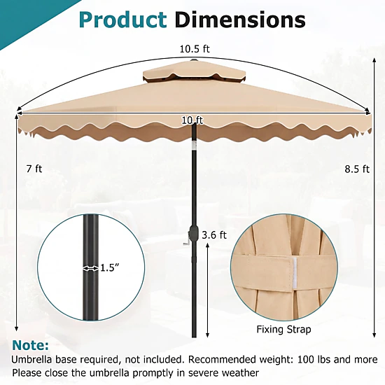 SUGIFT 10-ft Beige Round Market Patio Umbrella, Scalloped Canopy, Vented Double Top, 8 Ribs