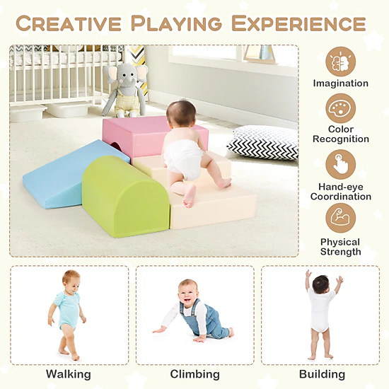 SUGIFT Climb & Crawl Foam Block Play Set with Tunnel Slide Step & Half-Moon for Infant Baby Multicolor/Orange/Red/Yellow