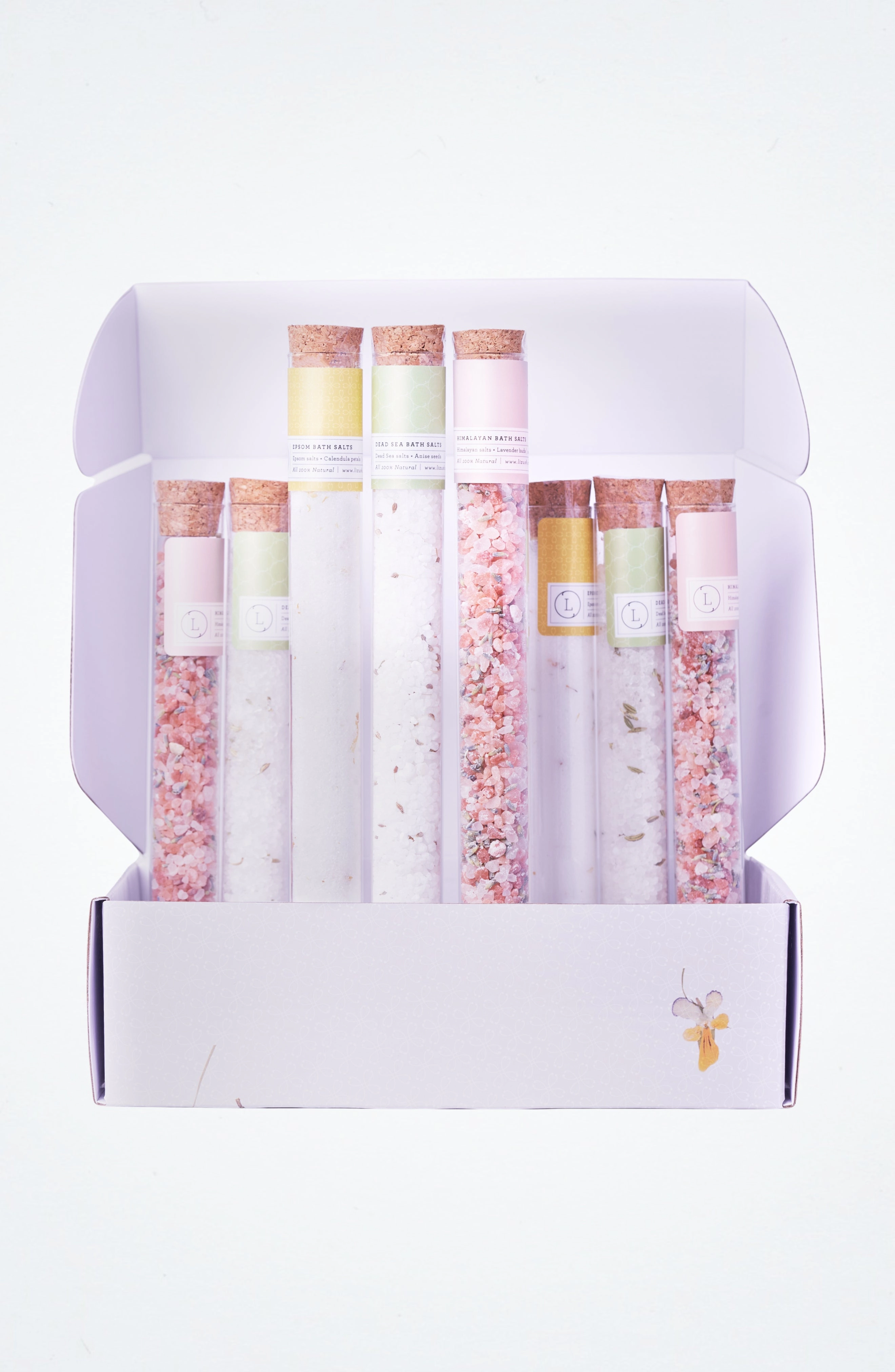 Natural Bath Salts and Bath Bomb Gift Set in Reusable Glass Tubes - 8-Piece Spa Gift