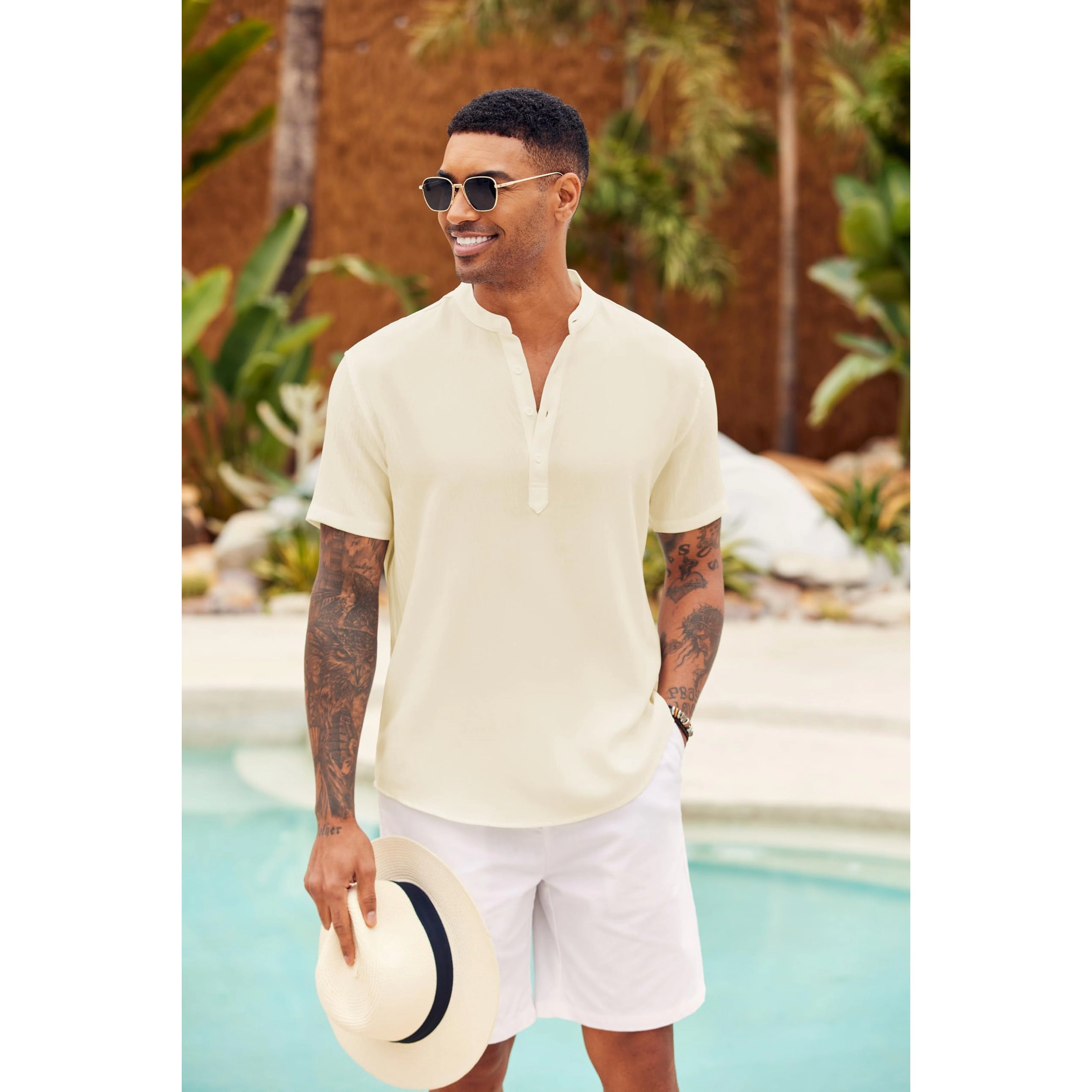 COOFANDY Mens Short Sleeve Henley V Neck Shirt Button Placket Casual  Tops