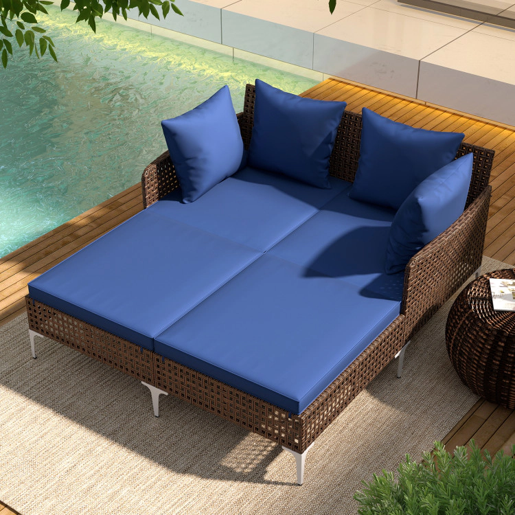 Hivvago Outdoor Rattan Double Daybed Wicker Chaise Lounge