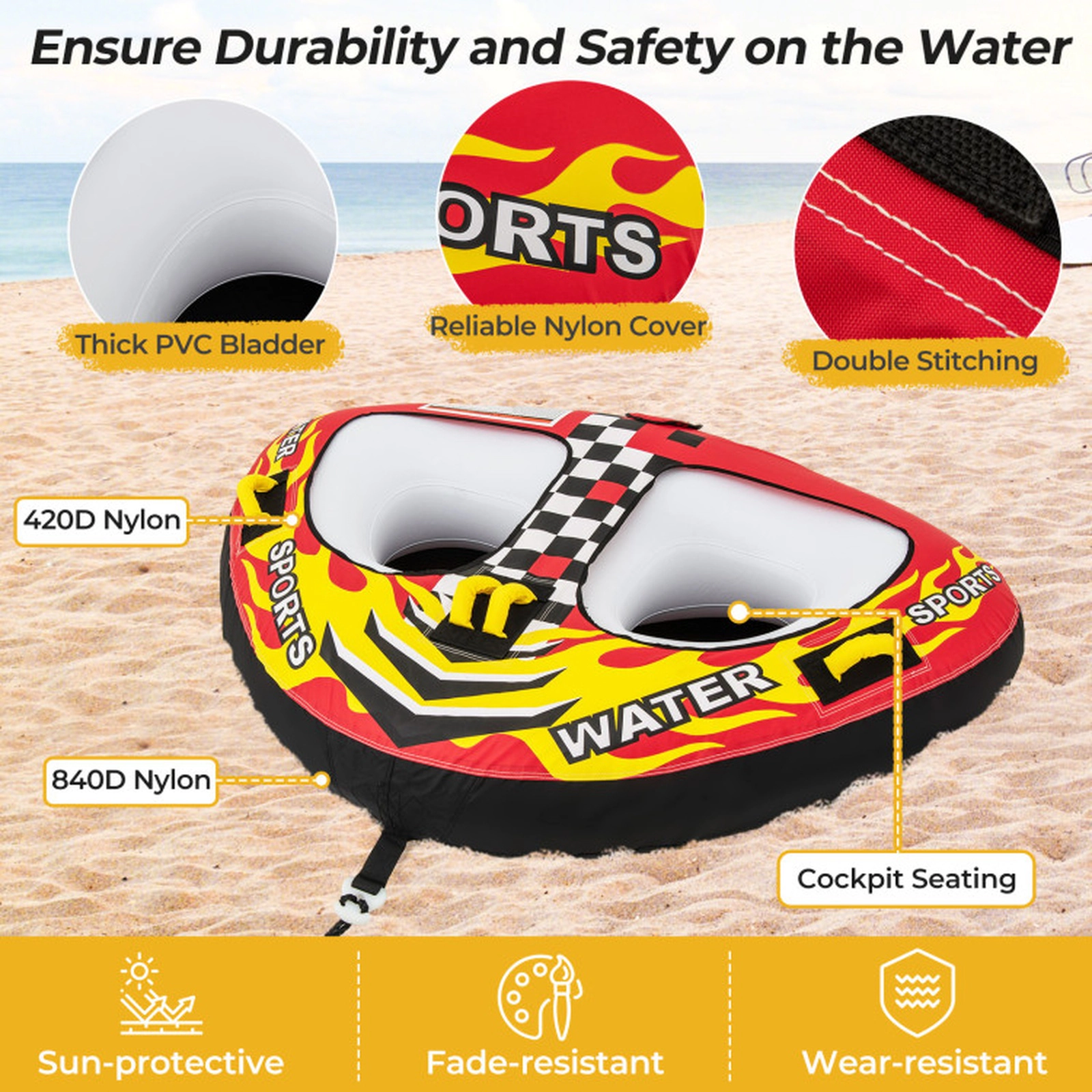 SUGIFT Teen Red 2-Person Towable Tube with Quick Connector and Foam Padded Handles 70-in W 340-lb Load Capacity