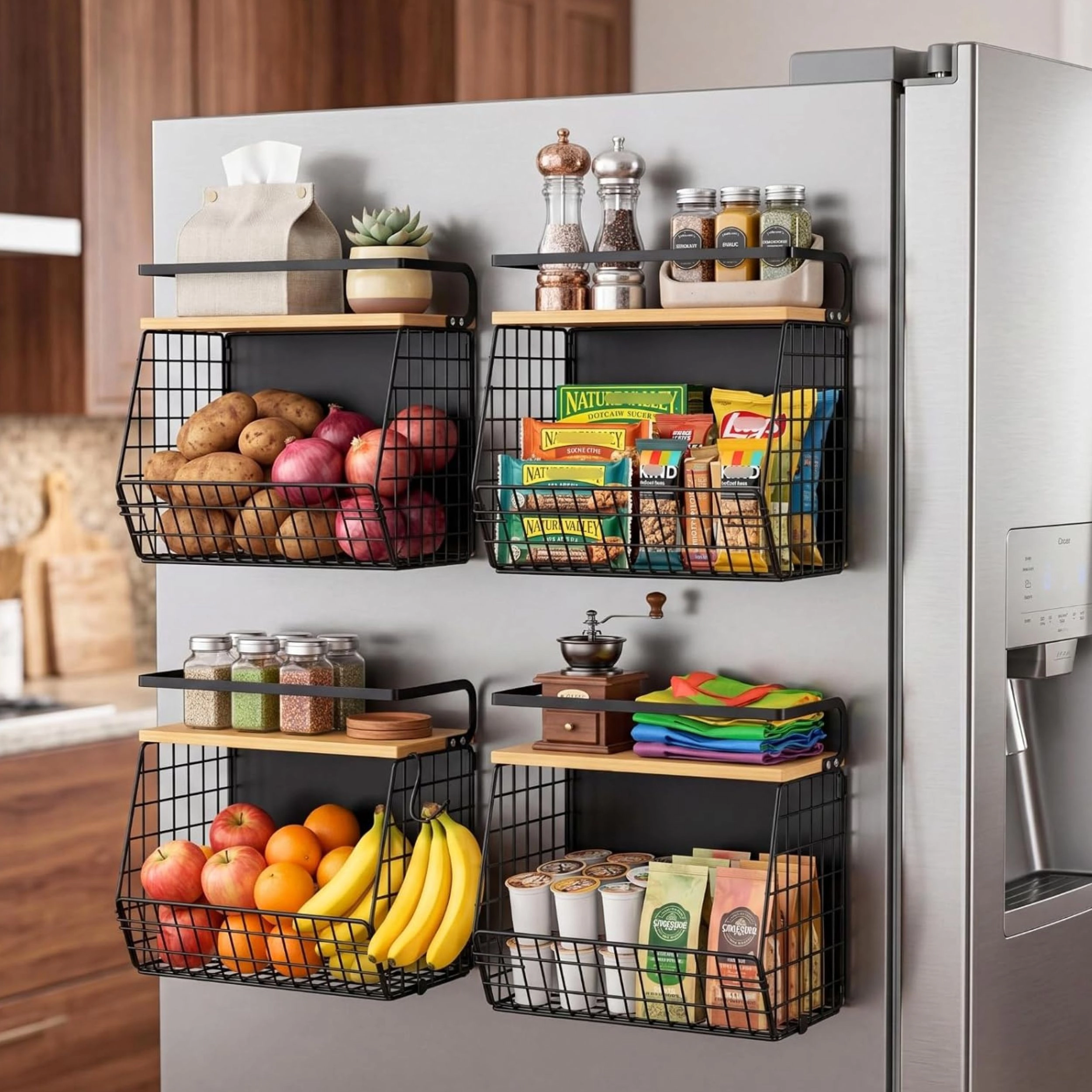 Stock Preferred Magnetic Refrigerator Storage Bin with Wood Lid and Spice Shelf