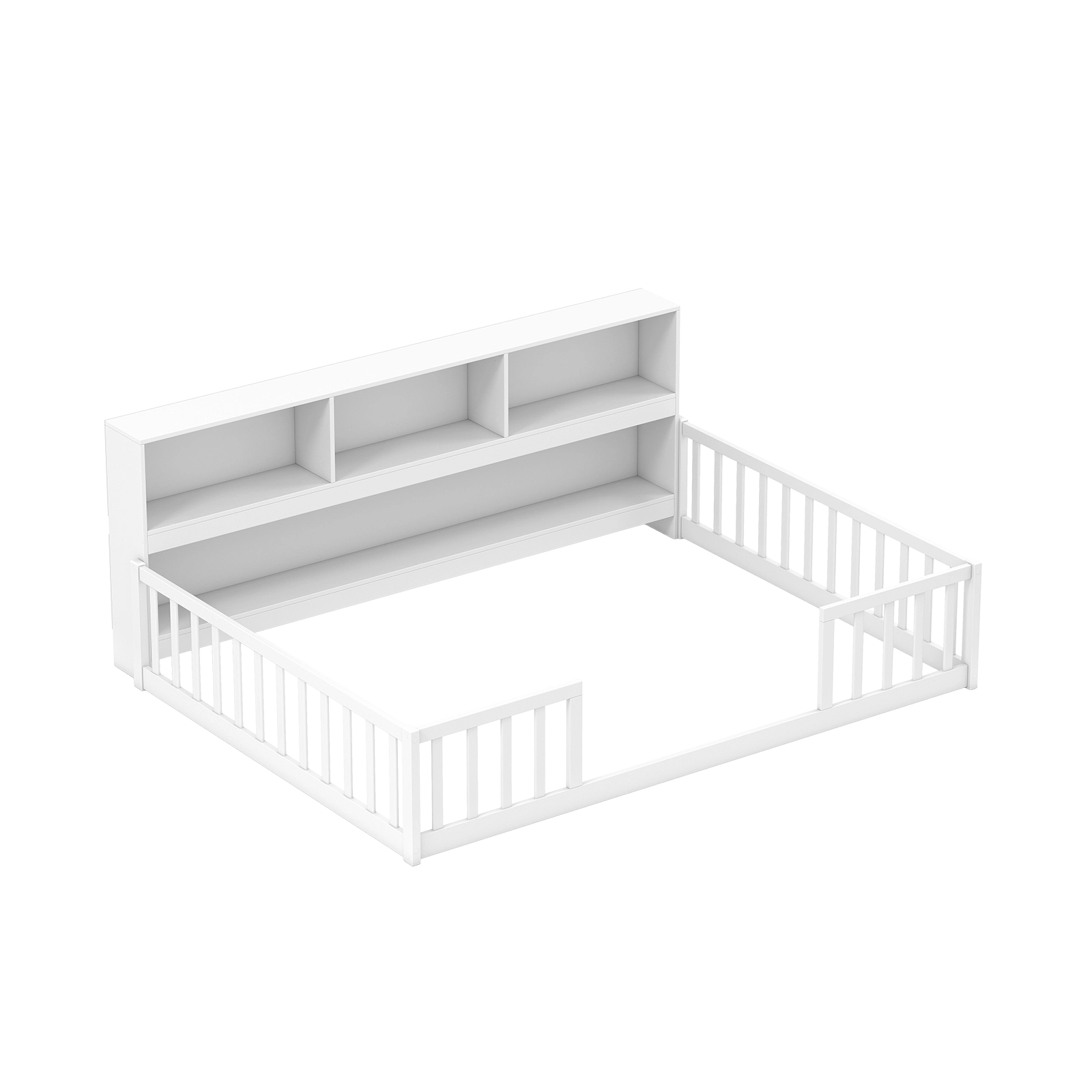 SUGIFT Full Size Montessori Floor Bed with Integrated Bookshelf Trundle Bed 44-lb Bookshelf Capacity Gray/White