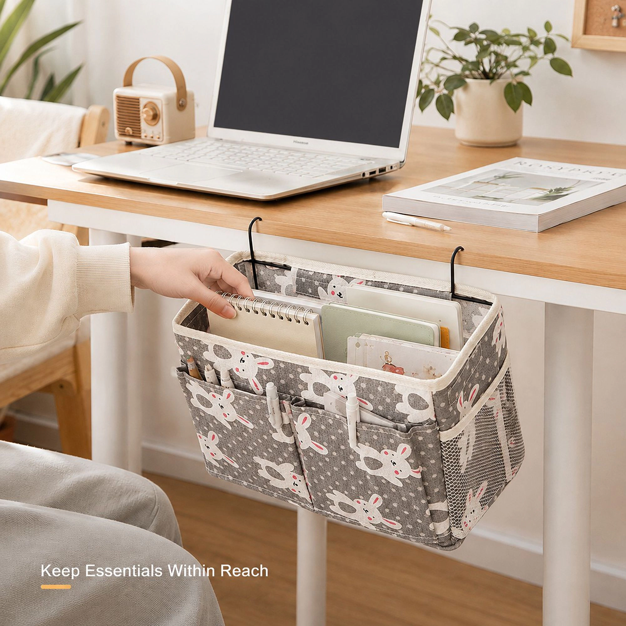 Alilang Hanging Bedside Storage Caddy Bunny Print Organizer with Hooks and Multiple Pockets
