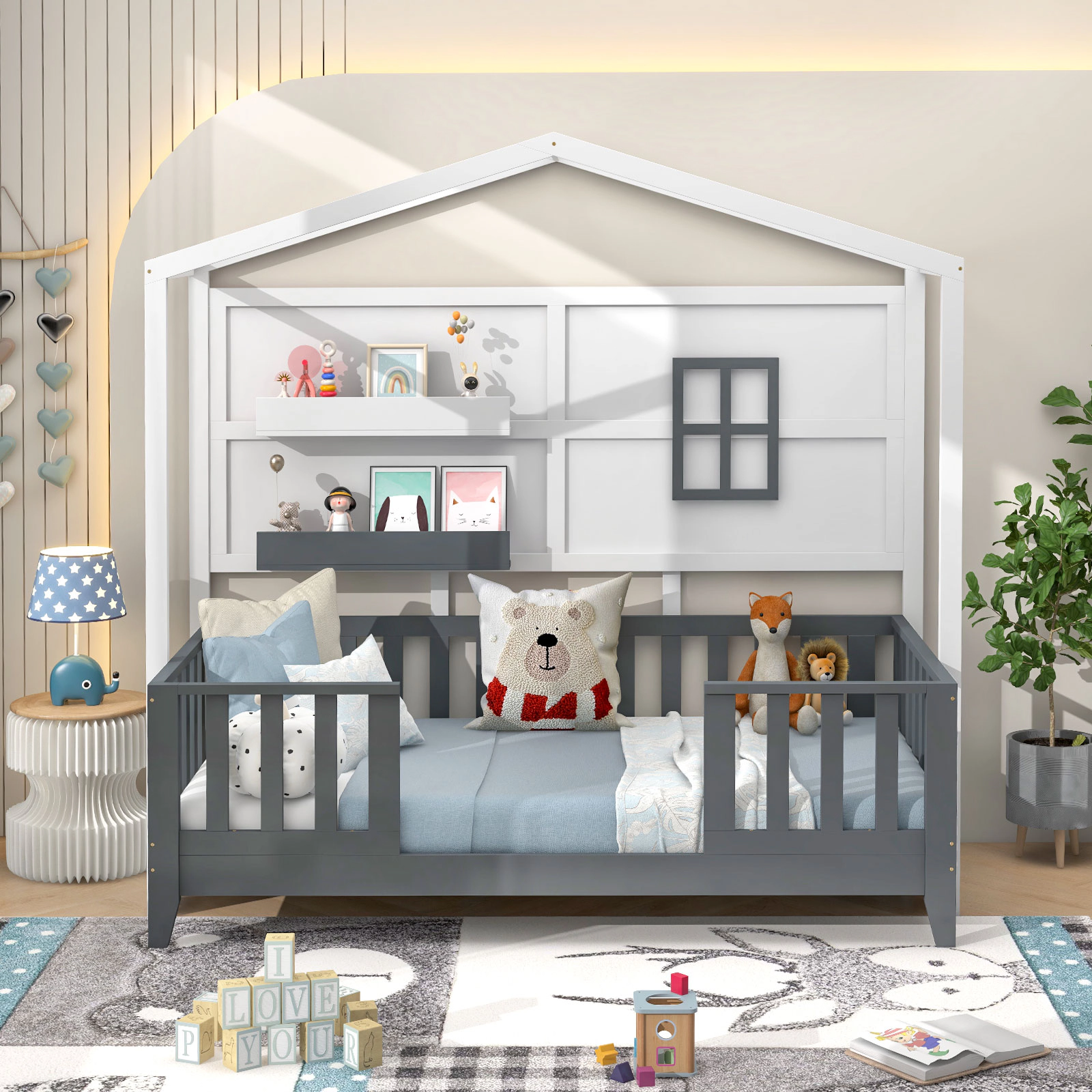 SUGIFT White and Gray 2 Shelves and 16-in Guardrails Twin Kids Wood House Montessori Floor Bed